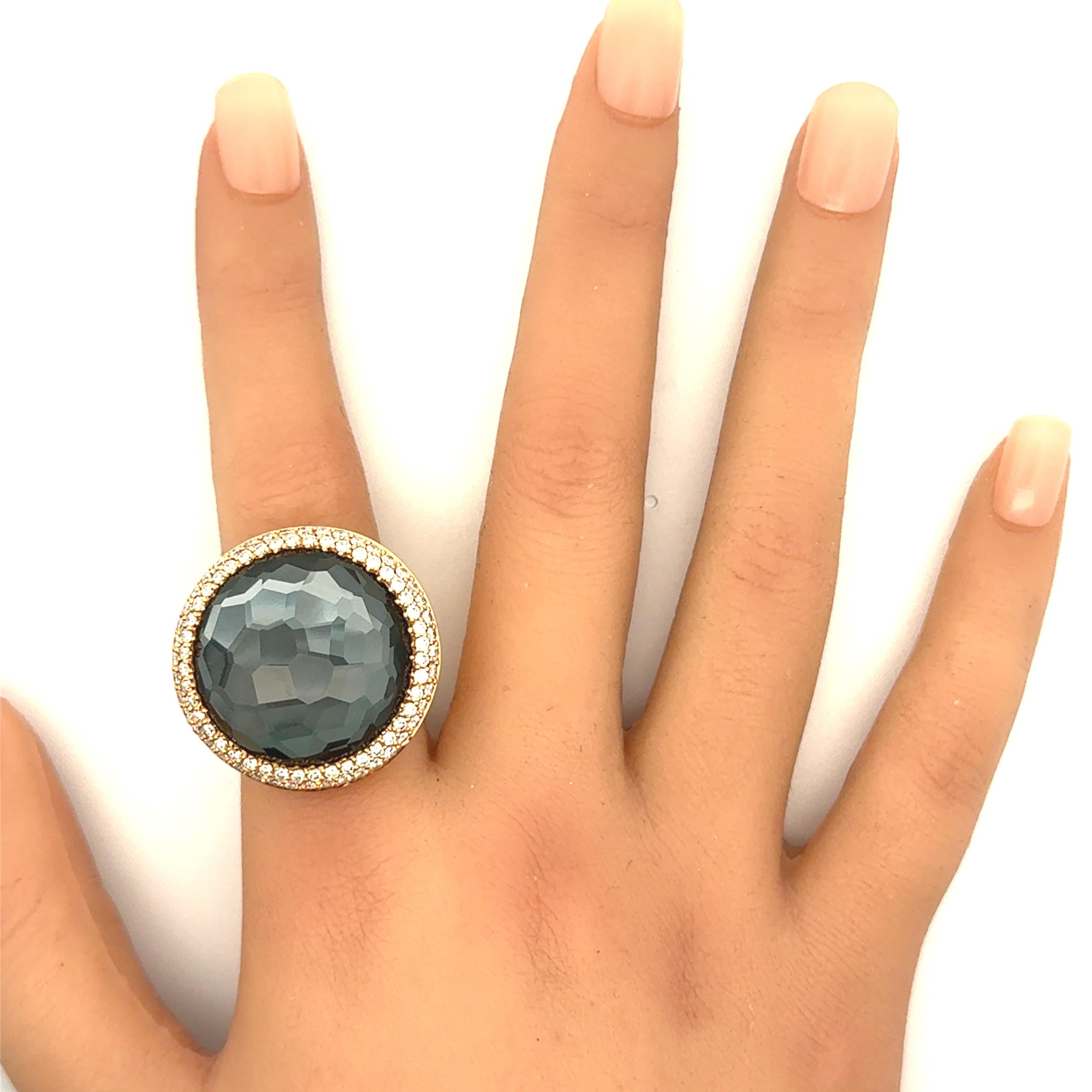 Quartz Black Onyx Diamond 18k Yellow Gold Double Halo Cocktail Ring
