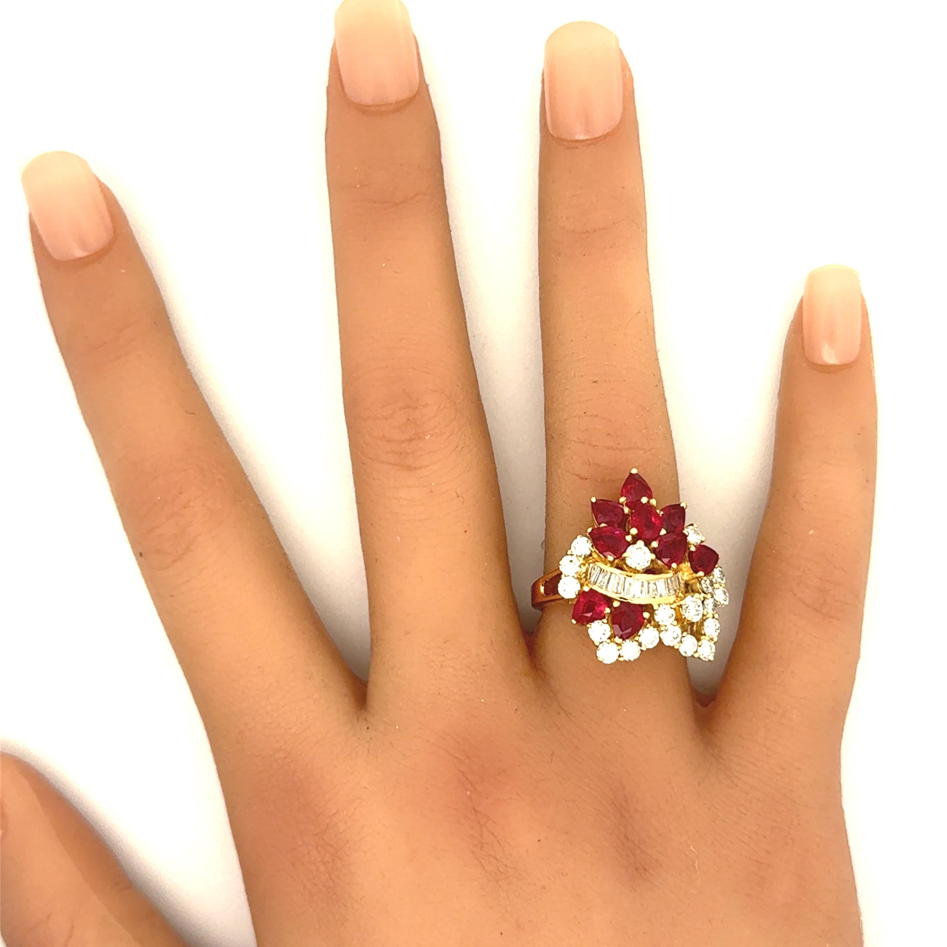 Ruby Diamond 18K Yellow Gold Cluster Cocktail Ring