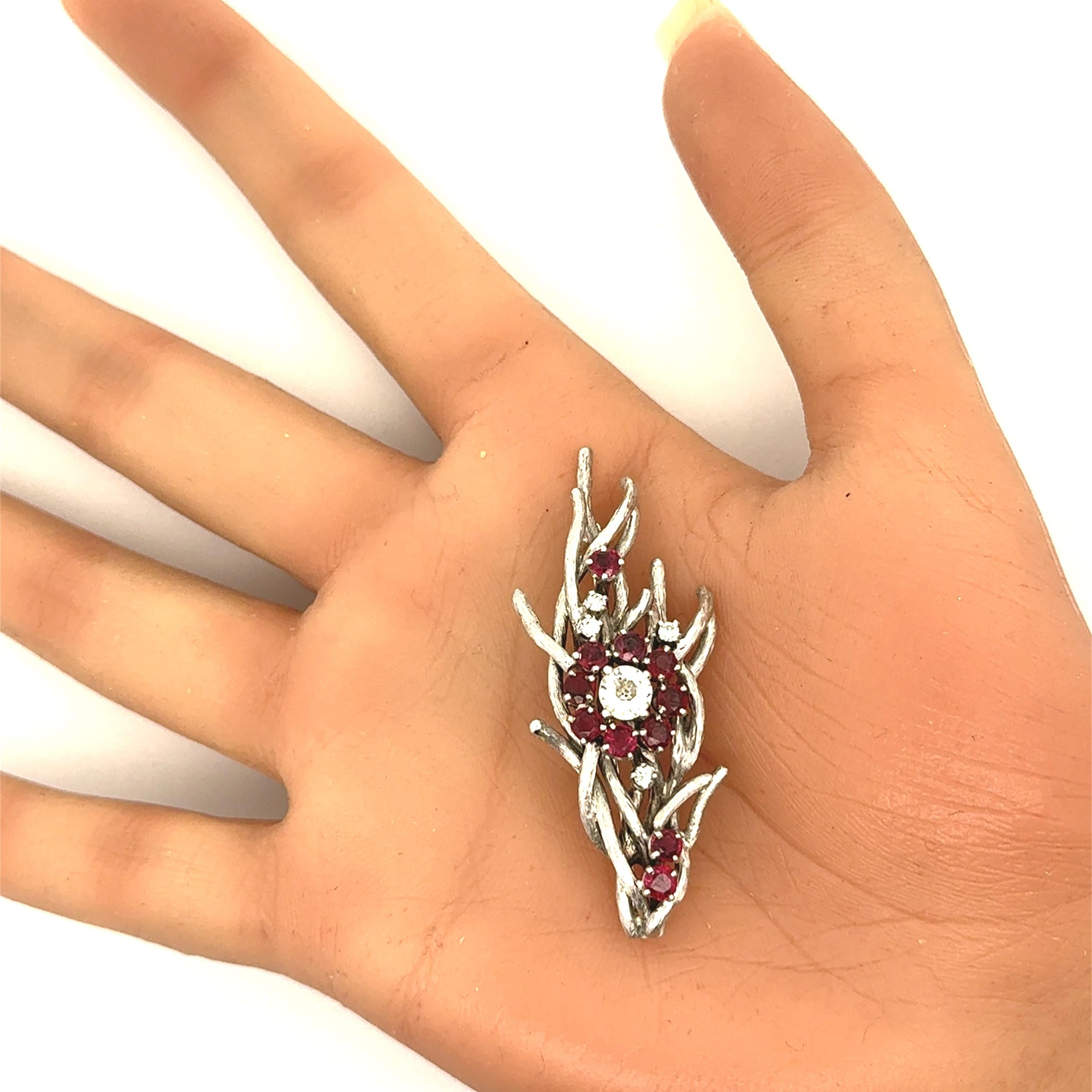 Ruby Diamond 18K White Gold Floral Motiff Brooch