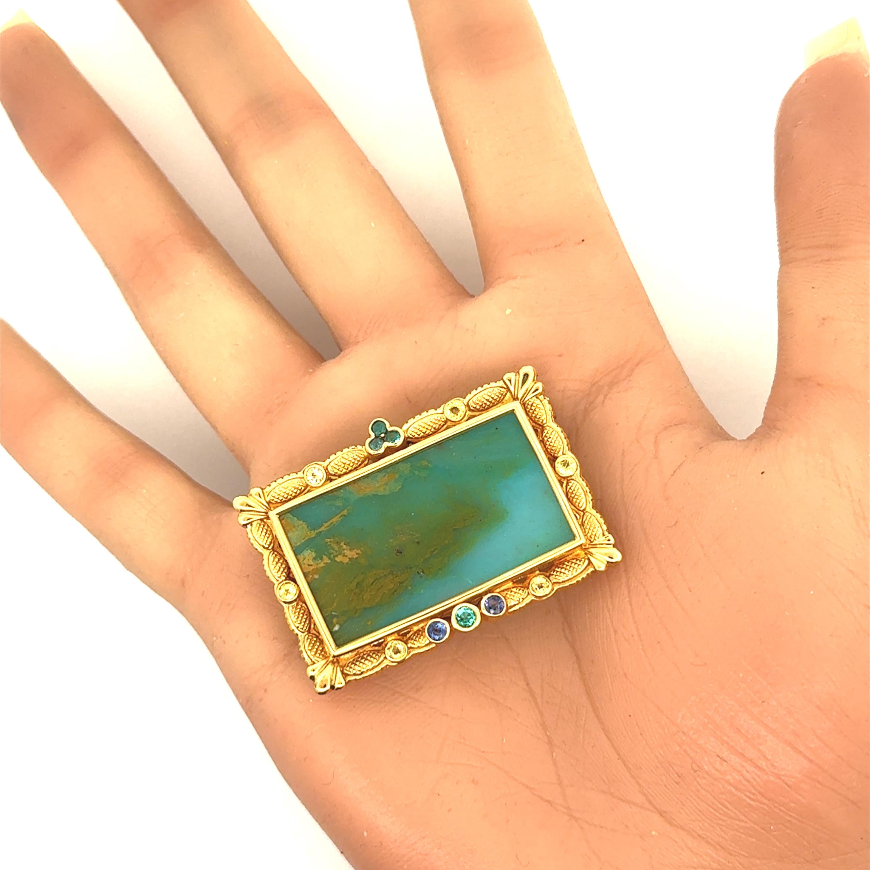 21.75 Carat Opal Sapphire Paraiba 18K Yellow Gold Portrait Brooch-Pendant