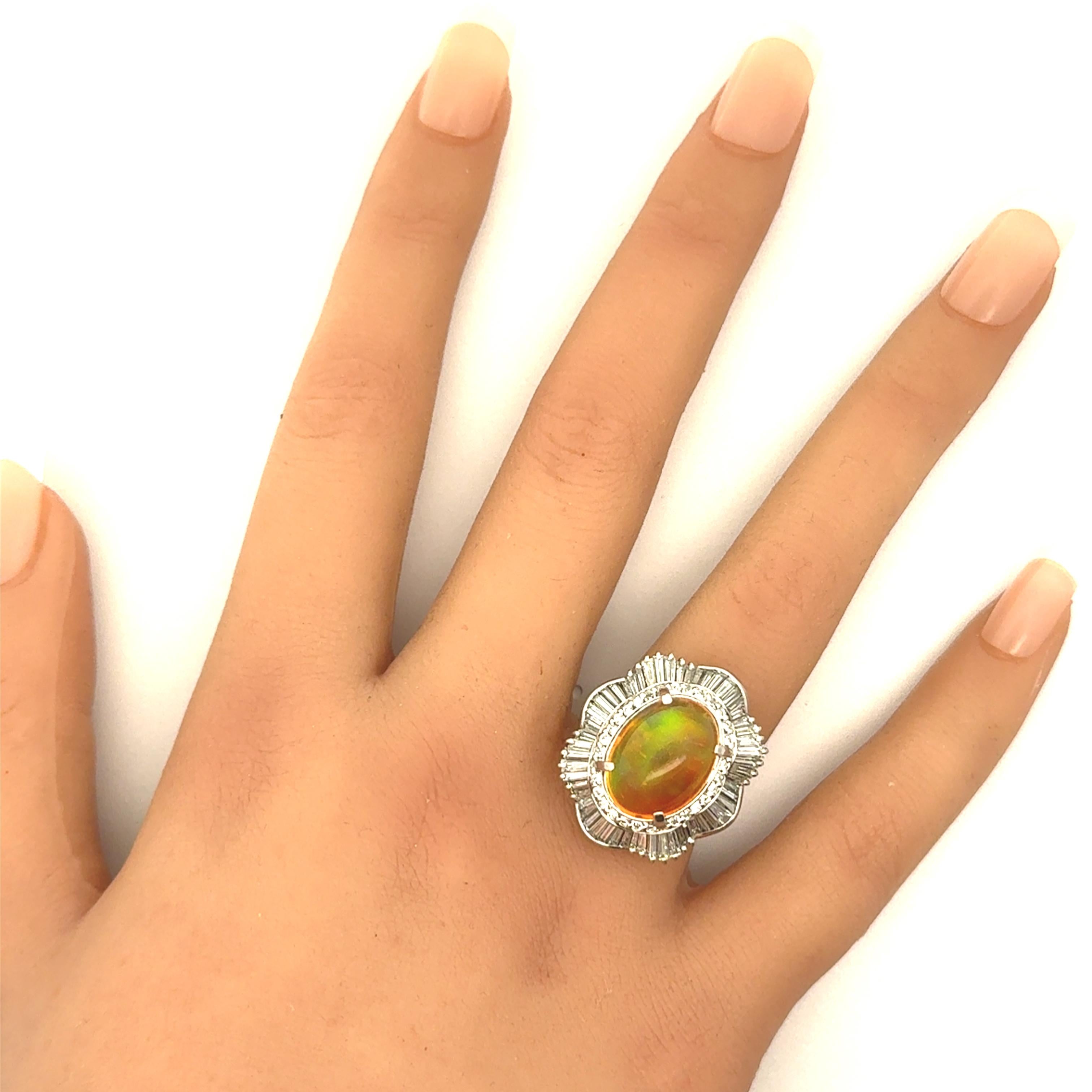 7.41 Carat Mexican Fire Opal Diamond Platinum Double Halo RIng