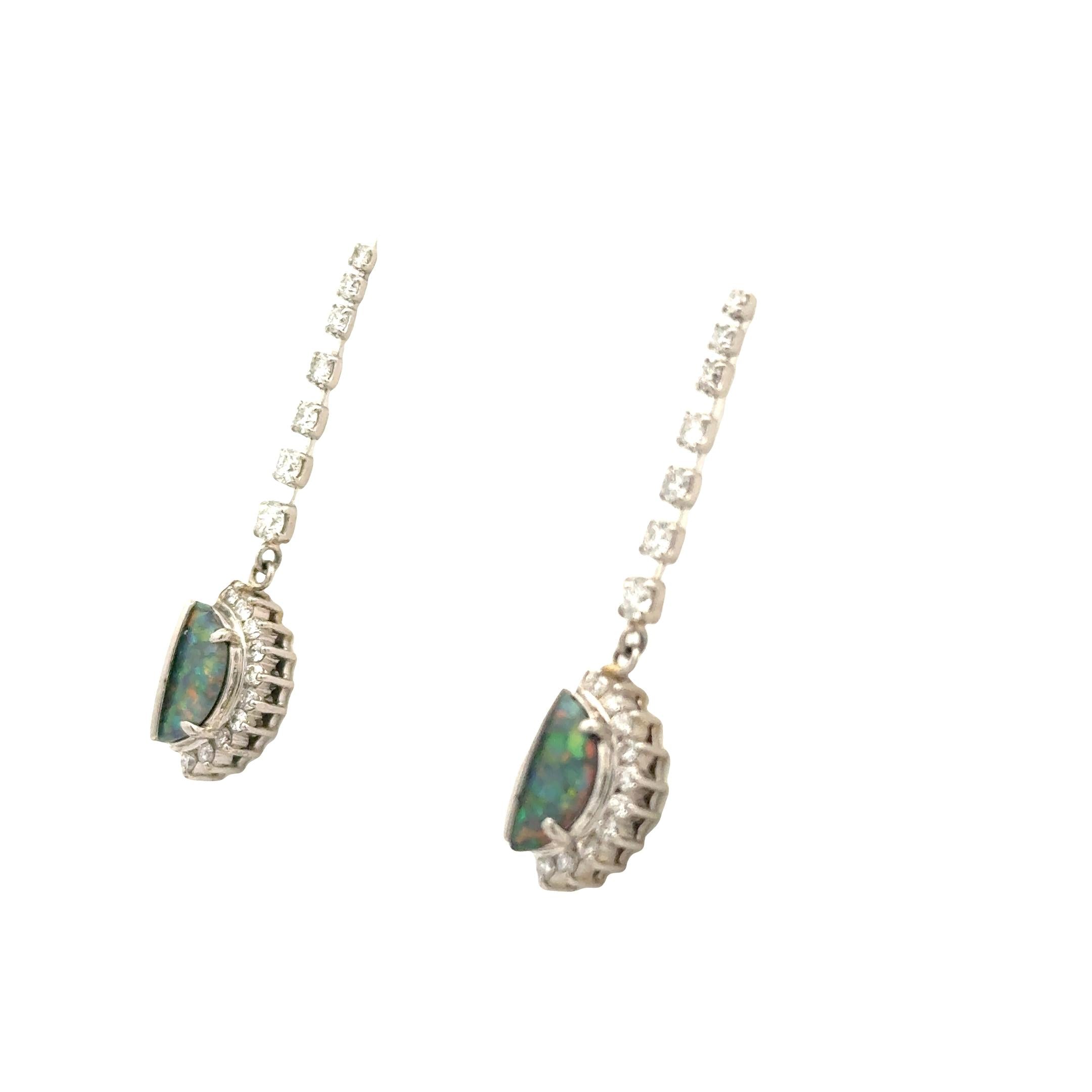 Australian Black Opal Diamond Platinum Drop Earrings