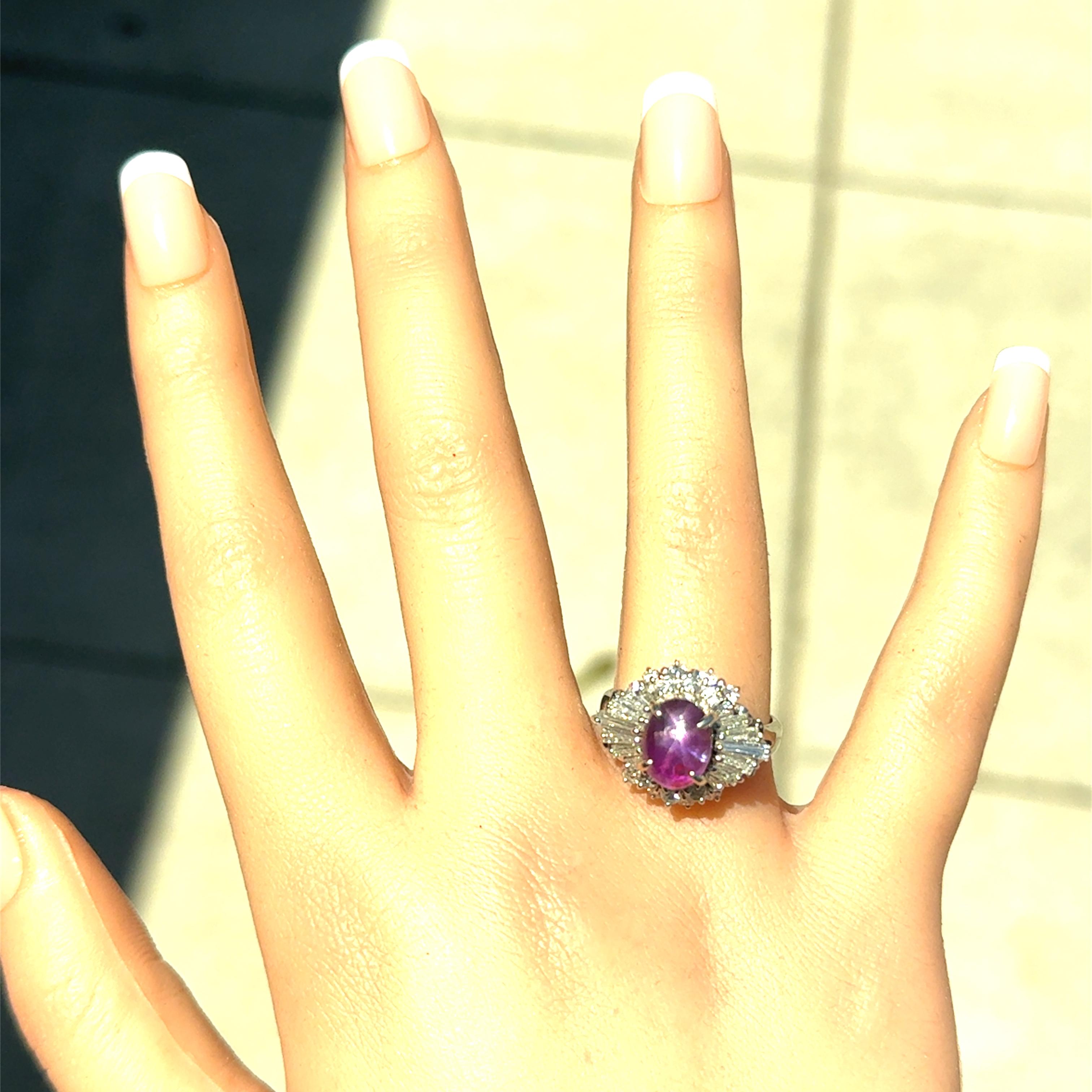 3.93 Carat Purple Star Sapphire Diamond Platinum Burst Ring