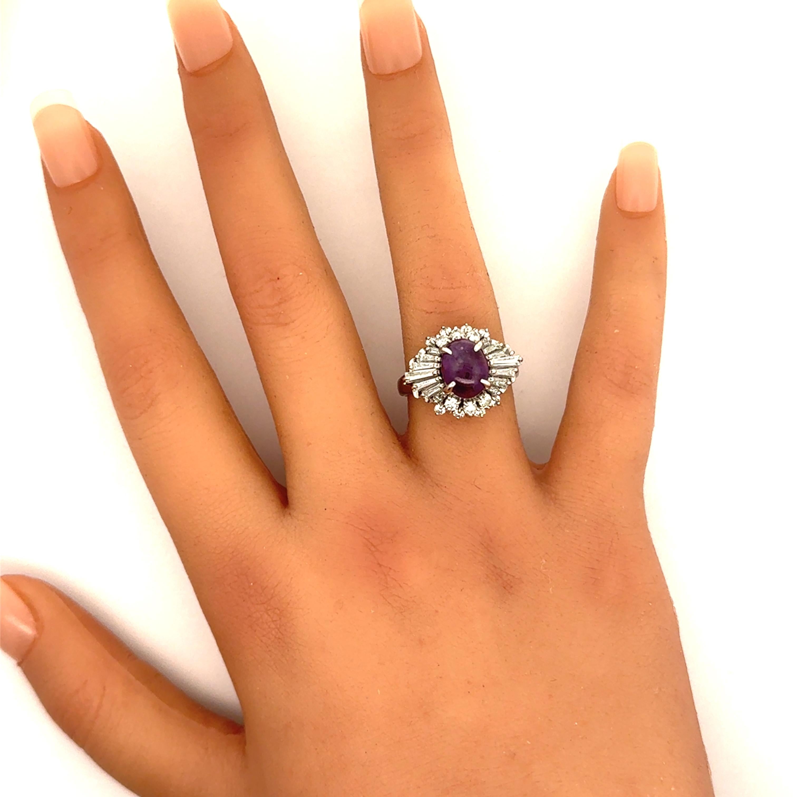 3.93 Carat Purple Star Sapphire Diamond Platinum Burst Ring
