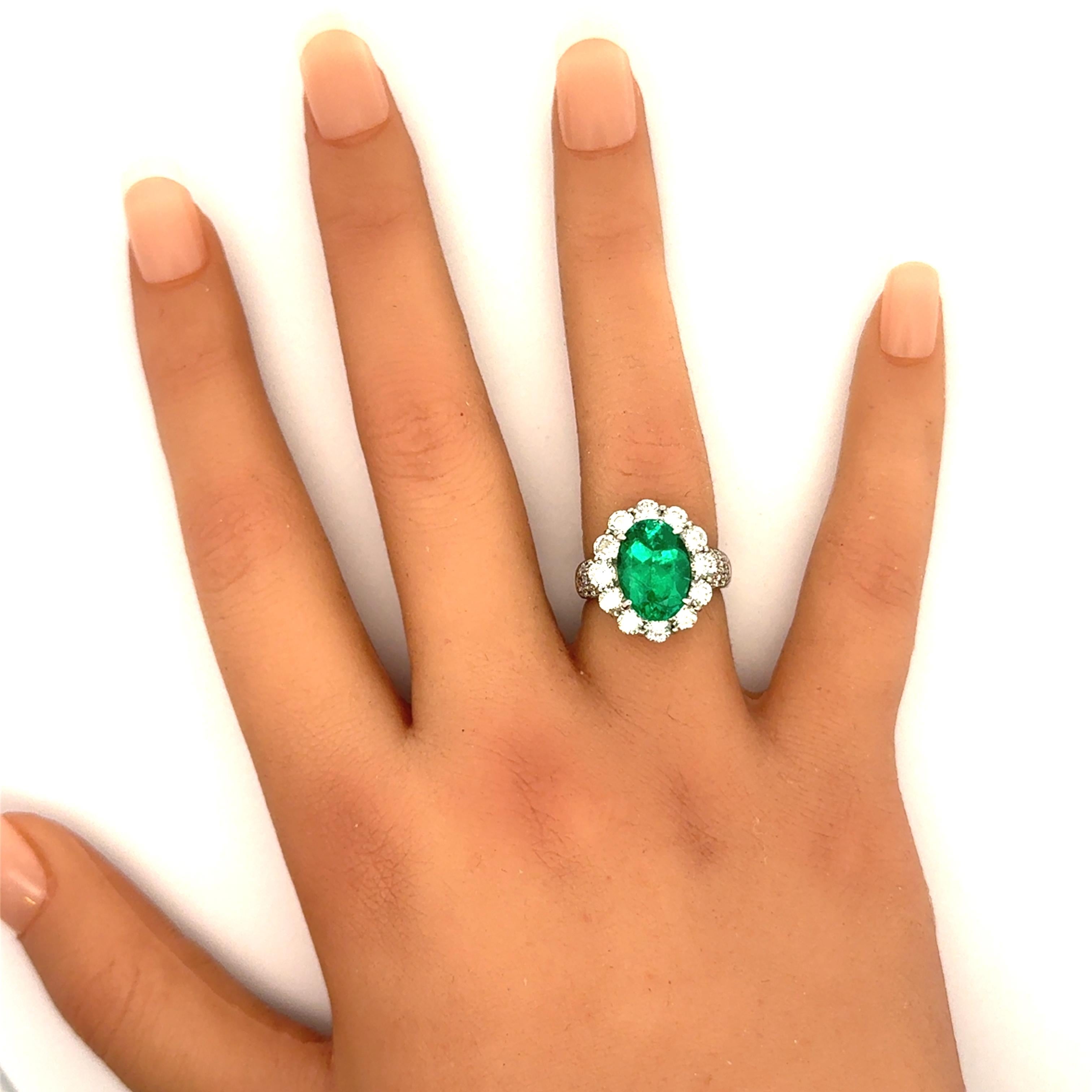 4.32 Carat Colombian Emerald Diamond Platinum Halo Ring, GRS Certified