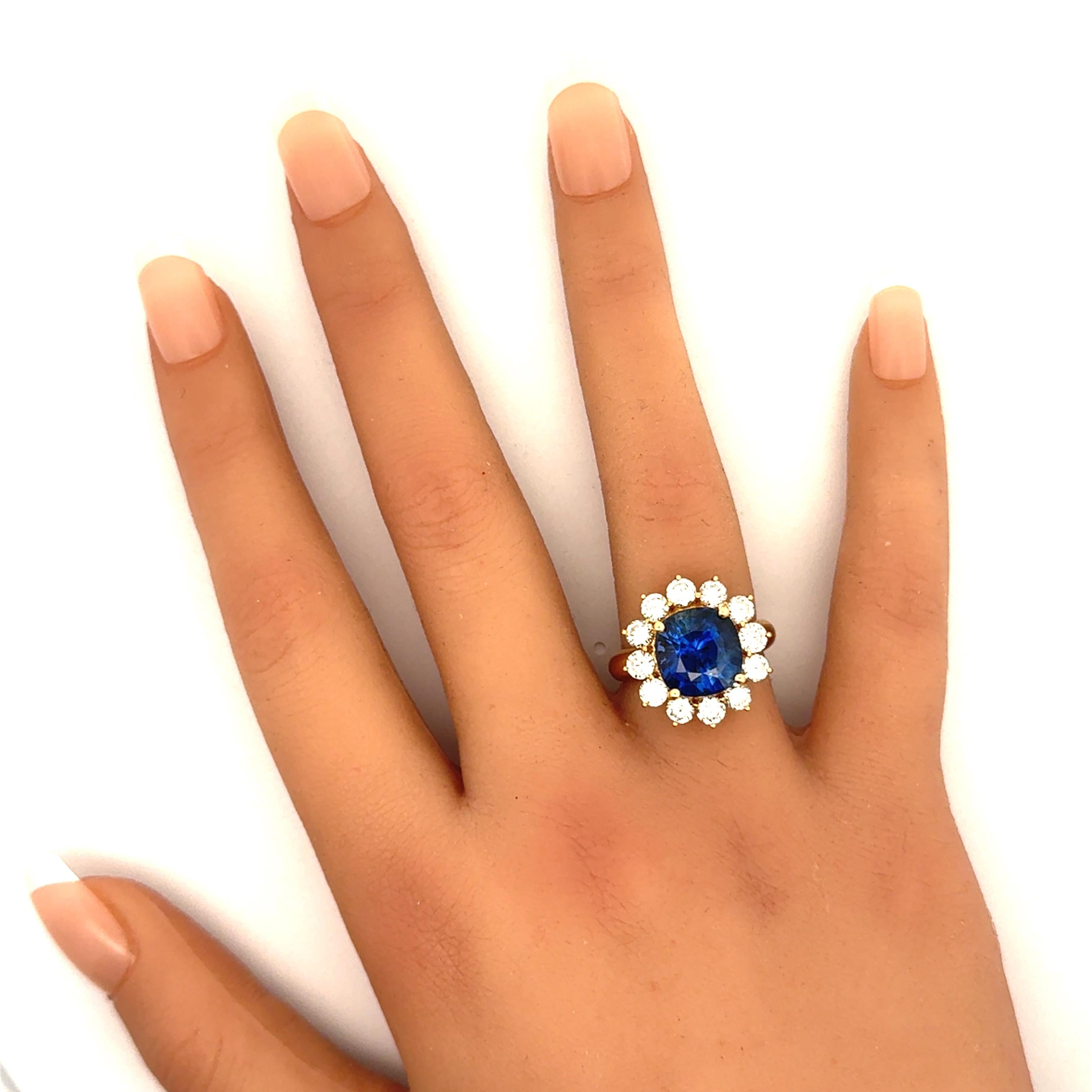 7.11 Carat Blue Sapphire Diamond 18K Yellow Gold Halo Ring, GIA Certified