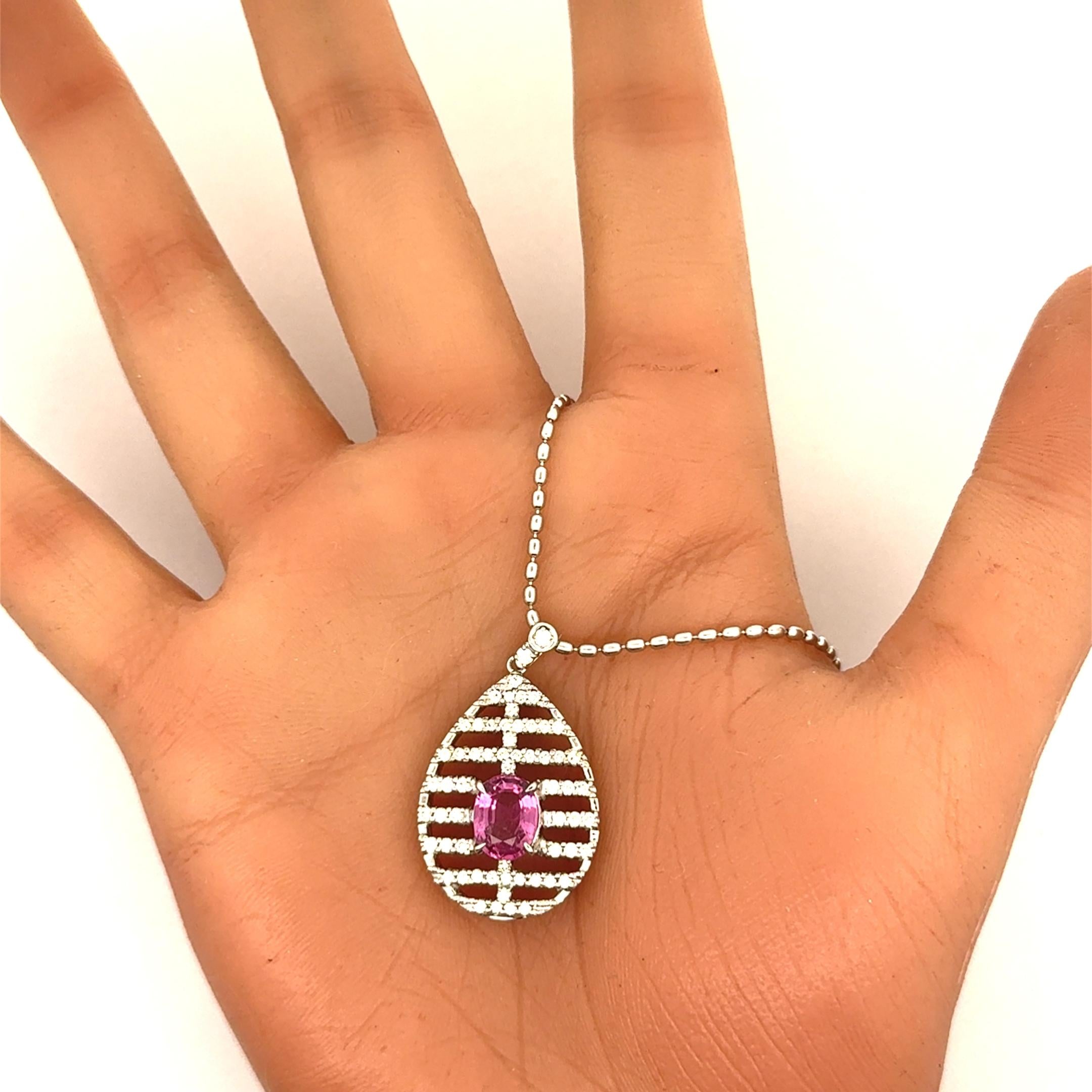 2.16 Carat Pink Sapphire Diamond 18K White Gold Pendant Necklace