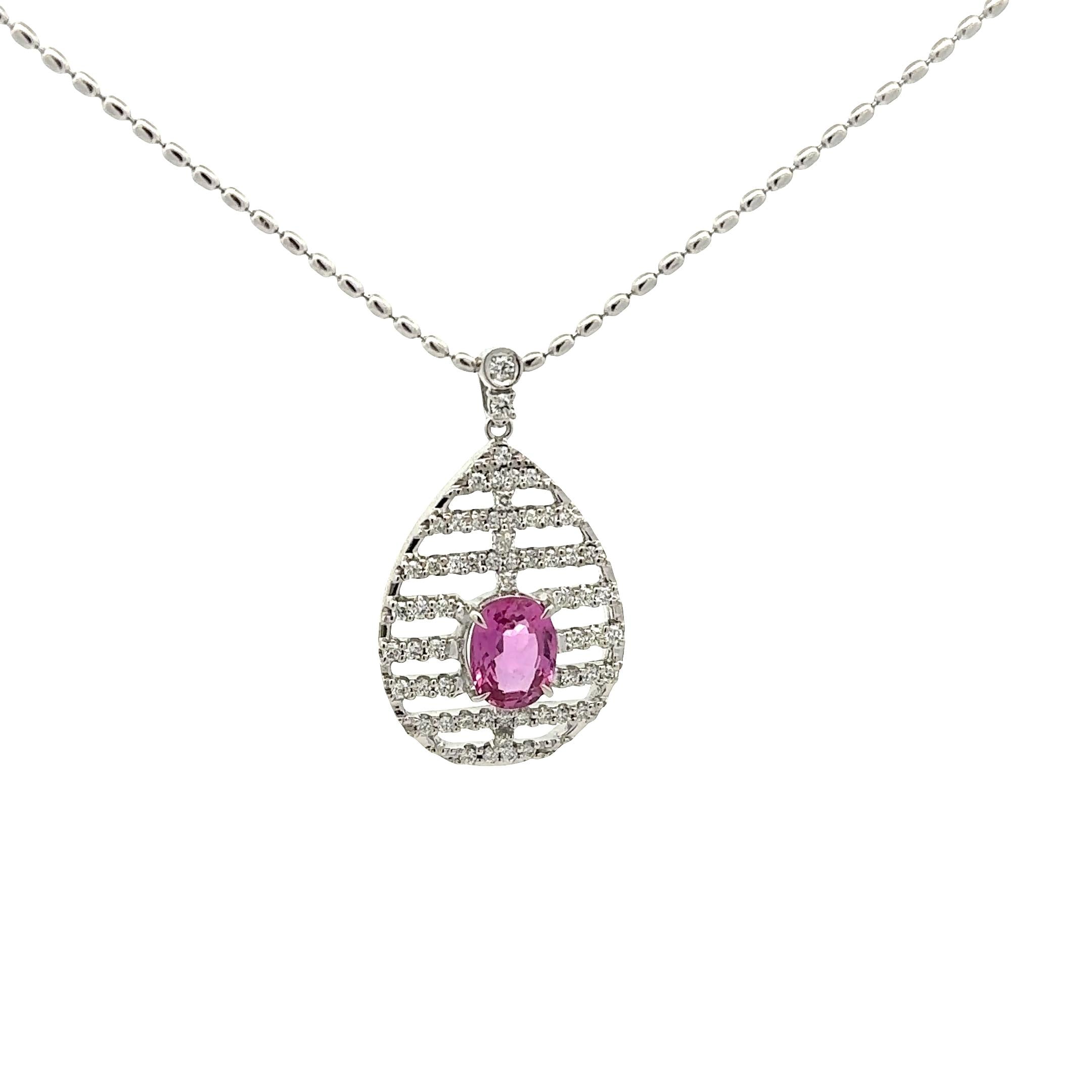 2.16 Carat Pink Sapphire Diamond 18K White Gold Pendant Necklace