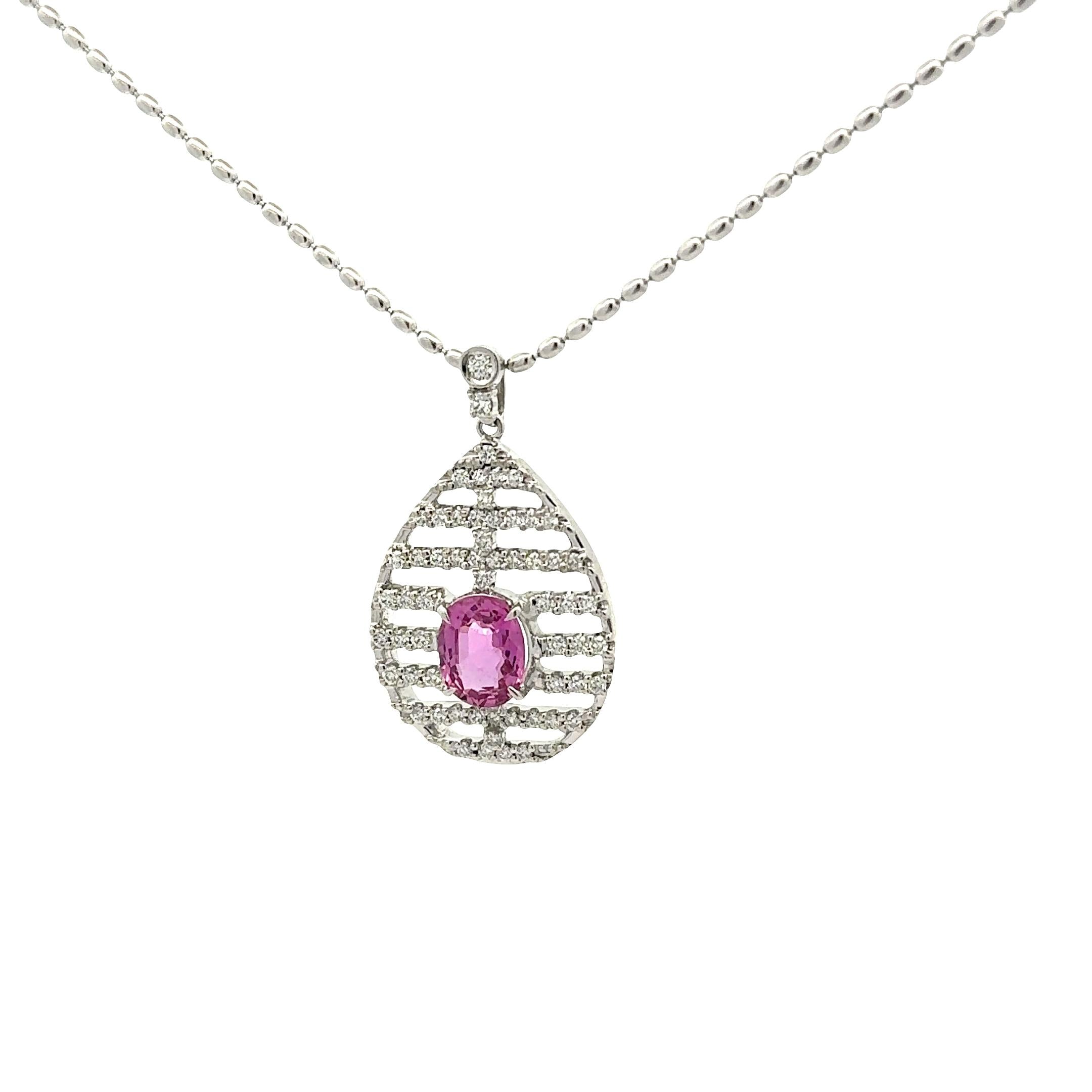 2.16 Carat Pink Sapphire Diamond 18K White Gold Pendant Necklace