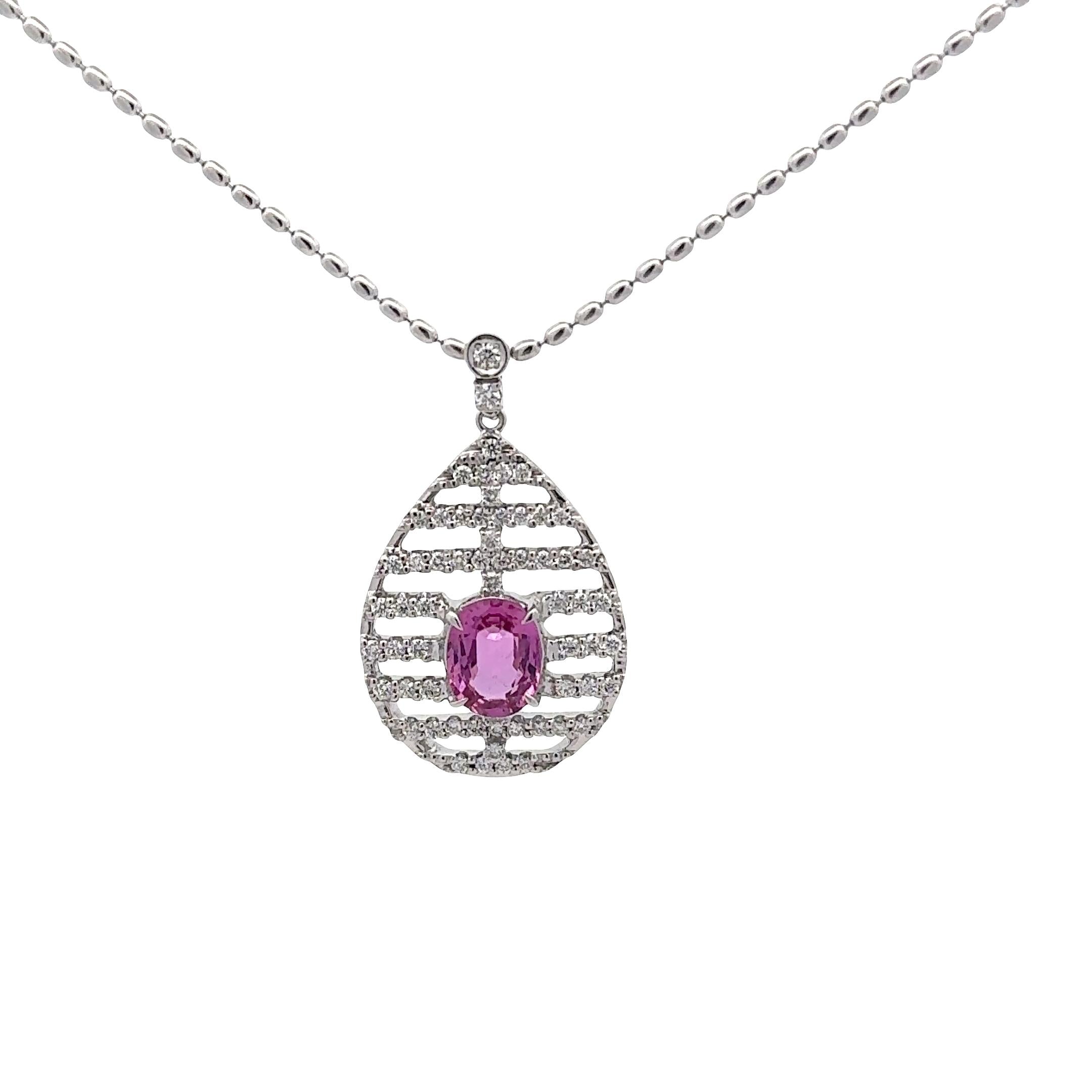 2.16 Carat Pink Sapphire Diamond 18K White Gold Pendant Necklace