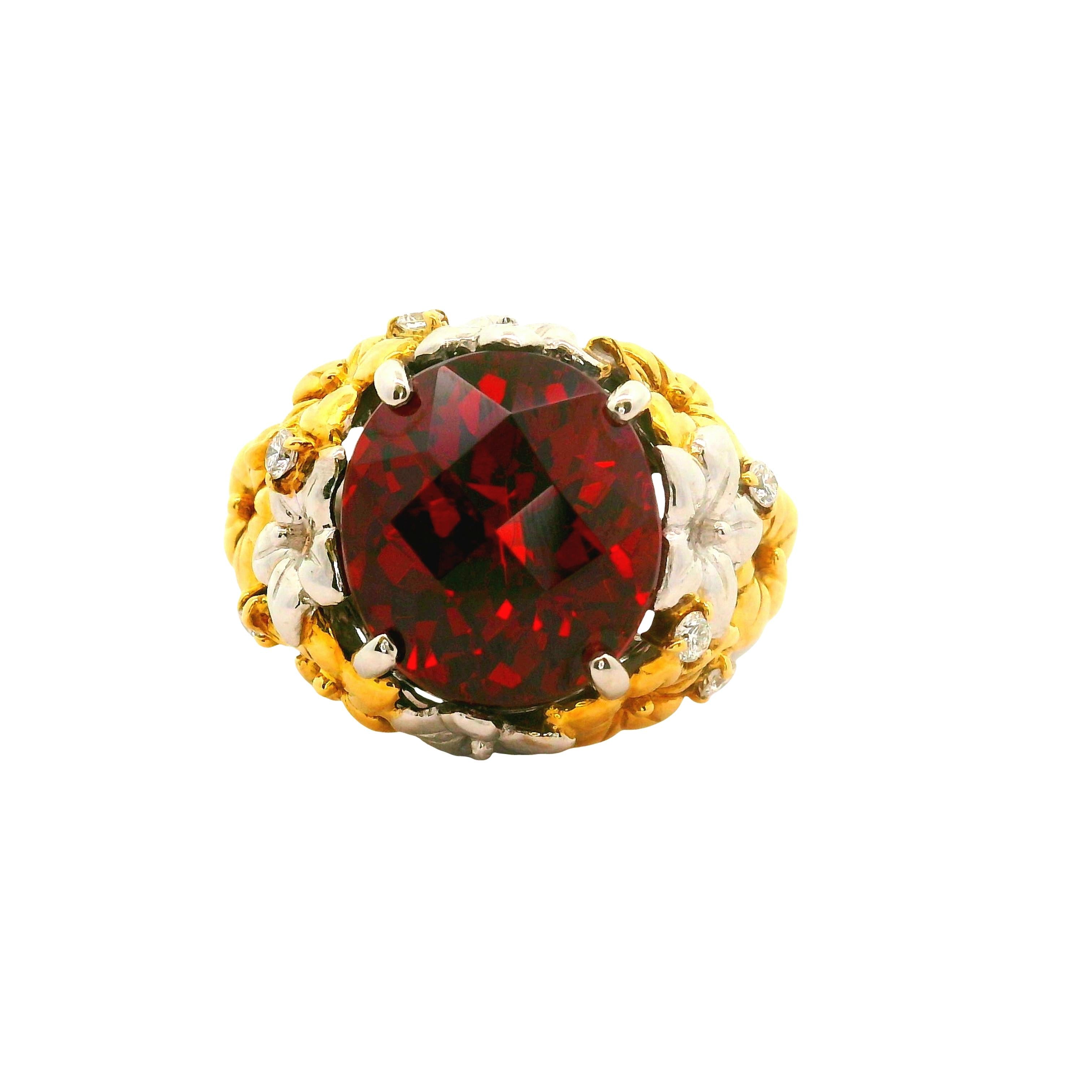 8.41 Carat Garnet Diamond Platinum-18K Yellow Gold Flower Motif Ring