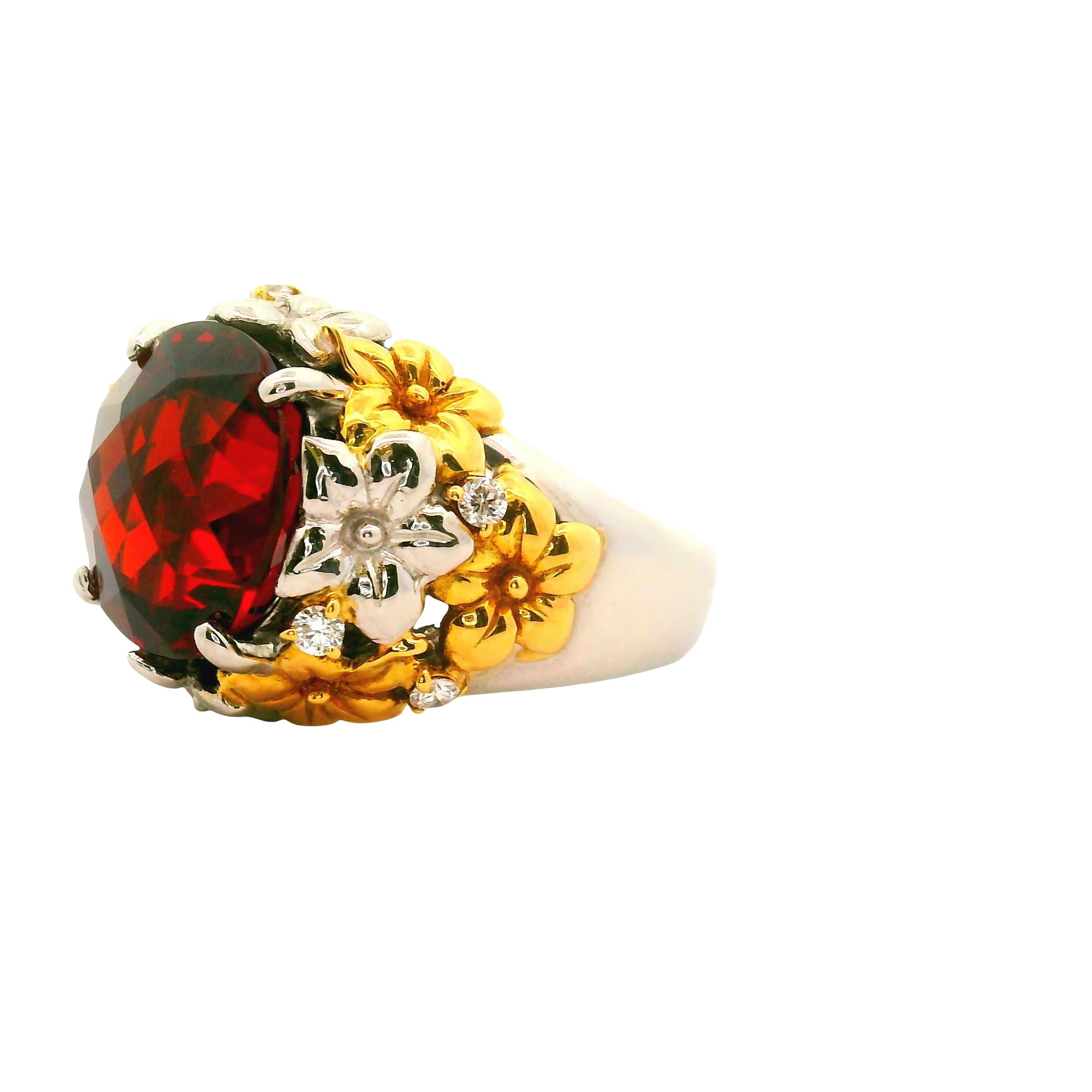 8.41 Carat Garnet Diamond Platinum-18K Yellow Gold Flower Motif Ring