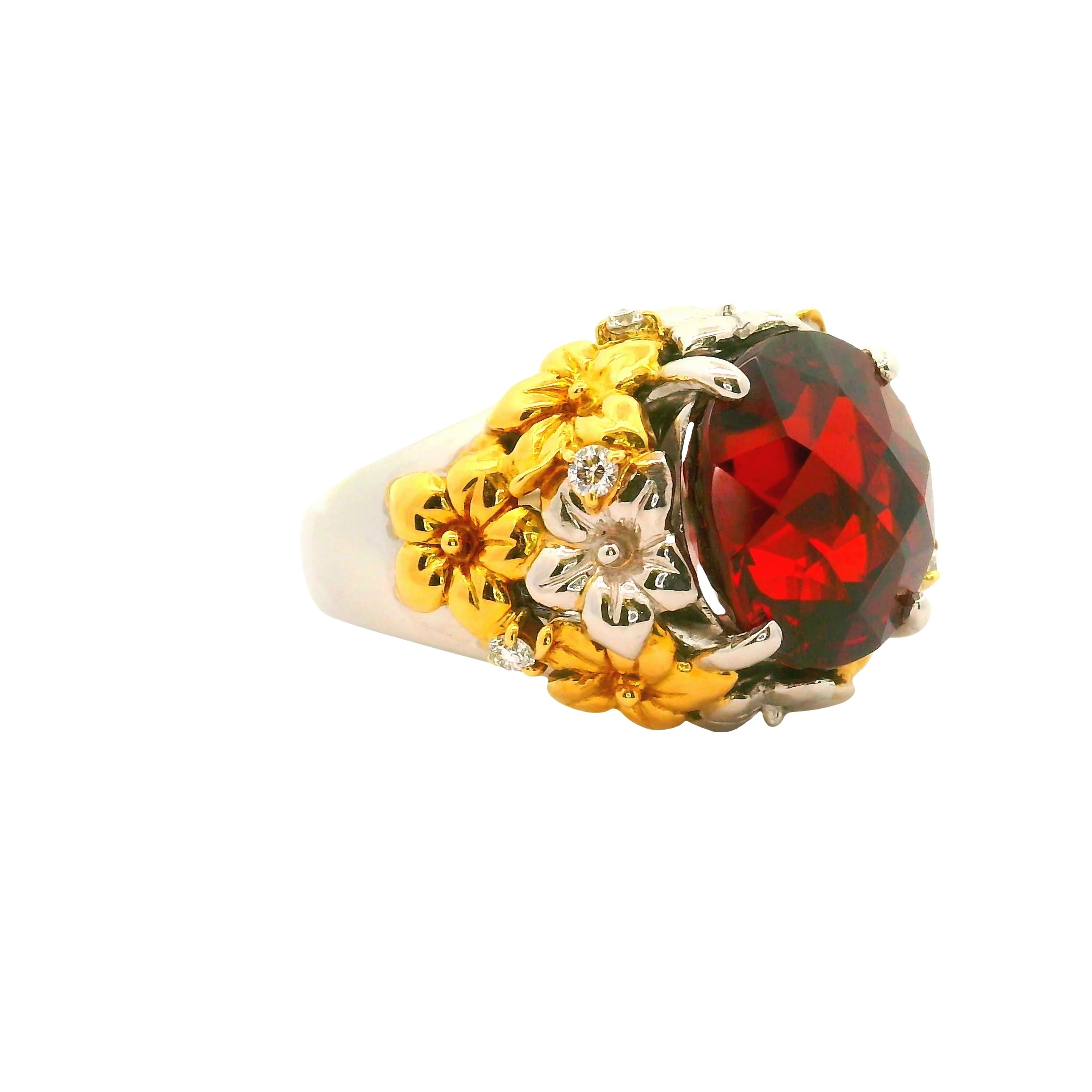 8.41 Carat Garnet Diamond Platinum-18K Yellow Gold Flower Motif Ring
