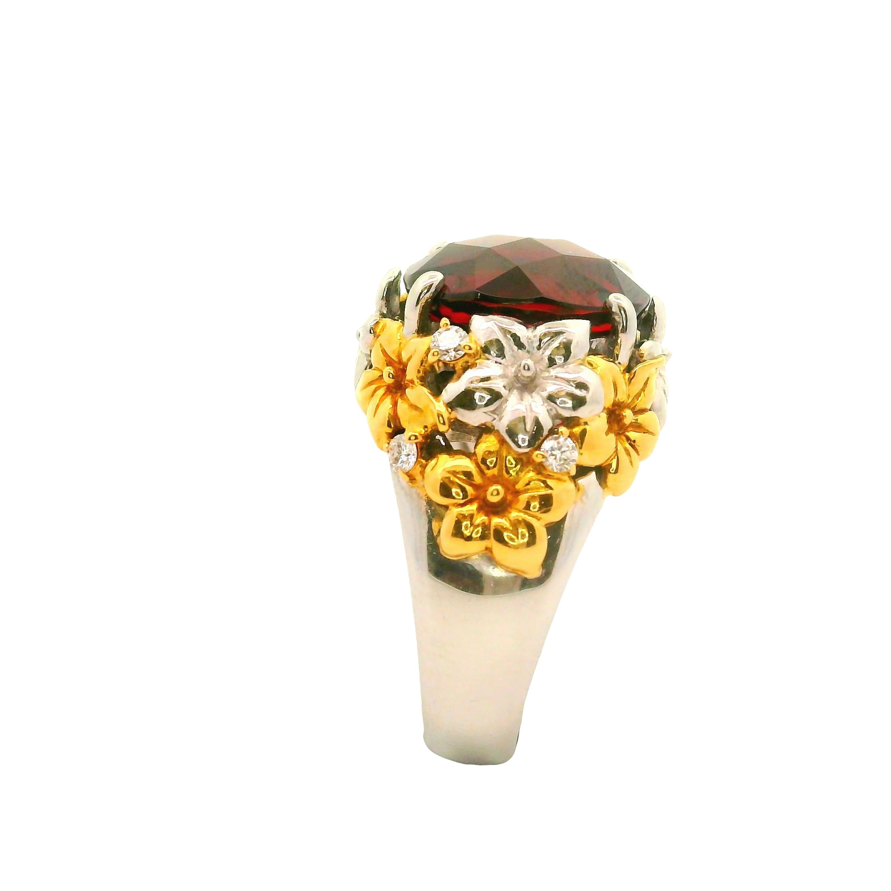 8.41 Carat Garnet Diamond Platinum-18K Yellow Gold Flower Motif Ring