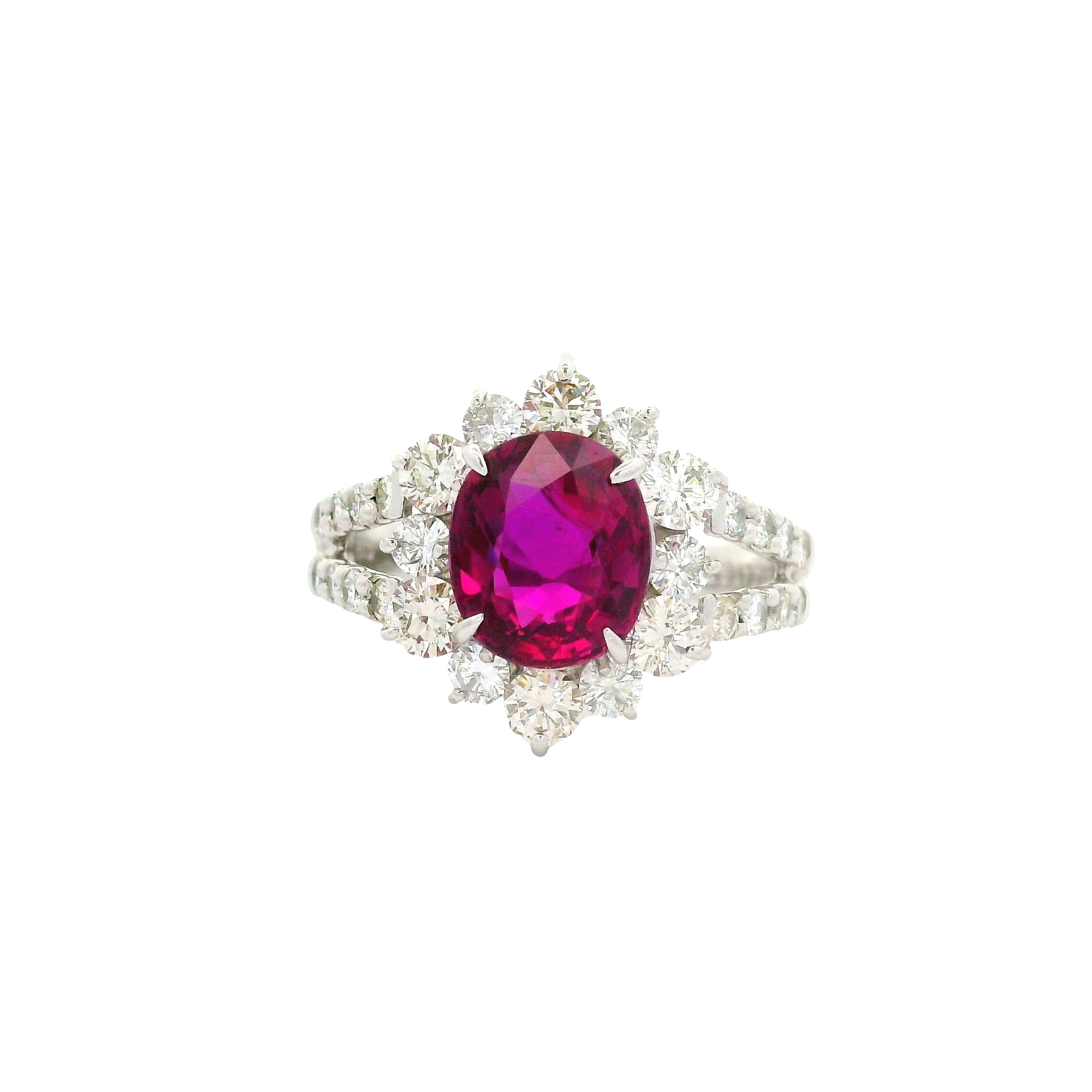 2.13 Carat No-Heat Ruby Diamond Platinum Halo Ring, GIA Certified
