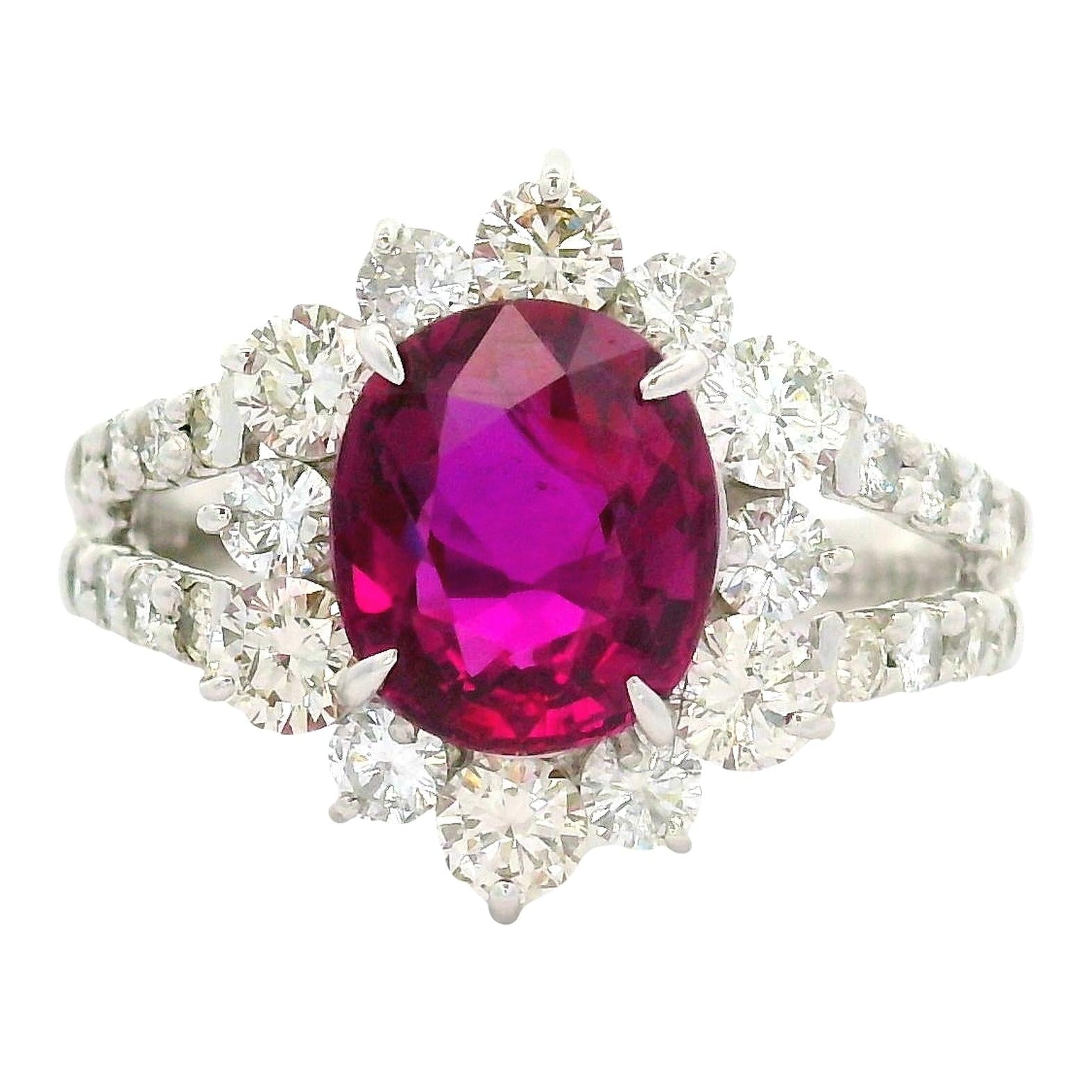 2.13 Carat No-Heat Ruby Diamond Platinum Halo Ring, GIA Certified