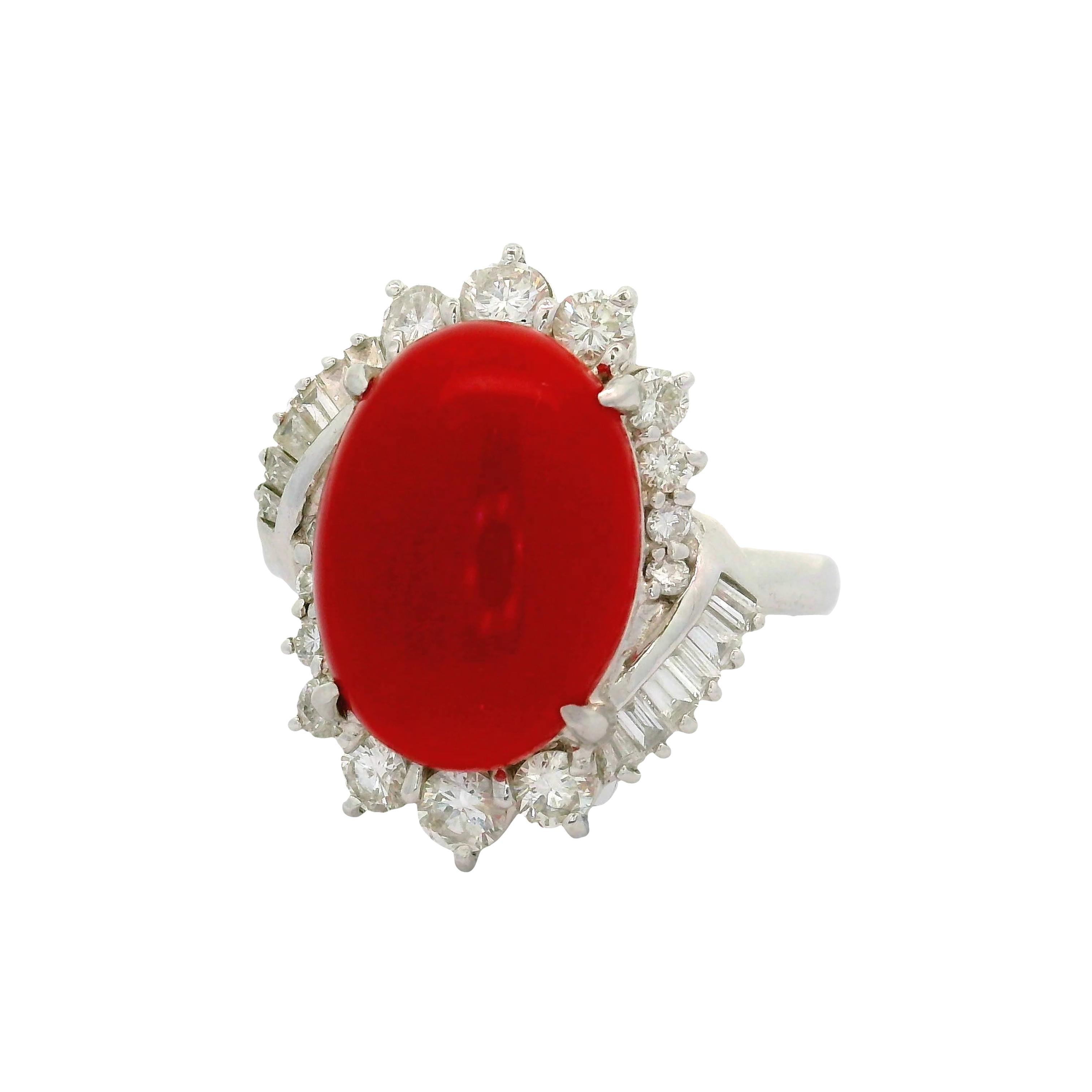 Ox Blood Red Coral Diamond Platinum Cocktail Ring