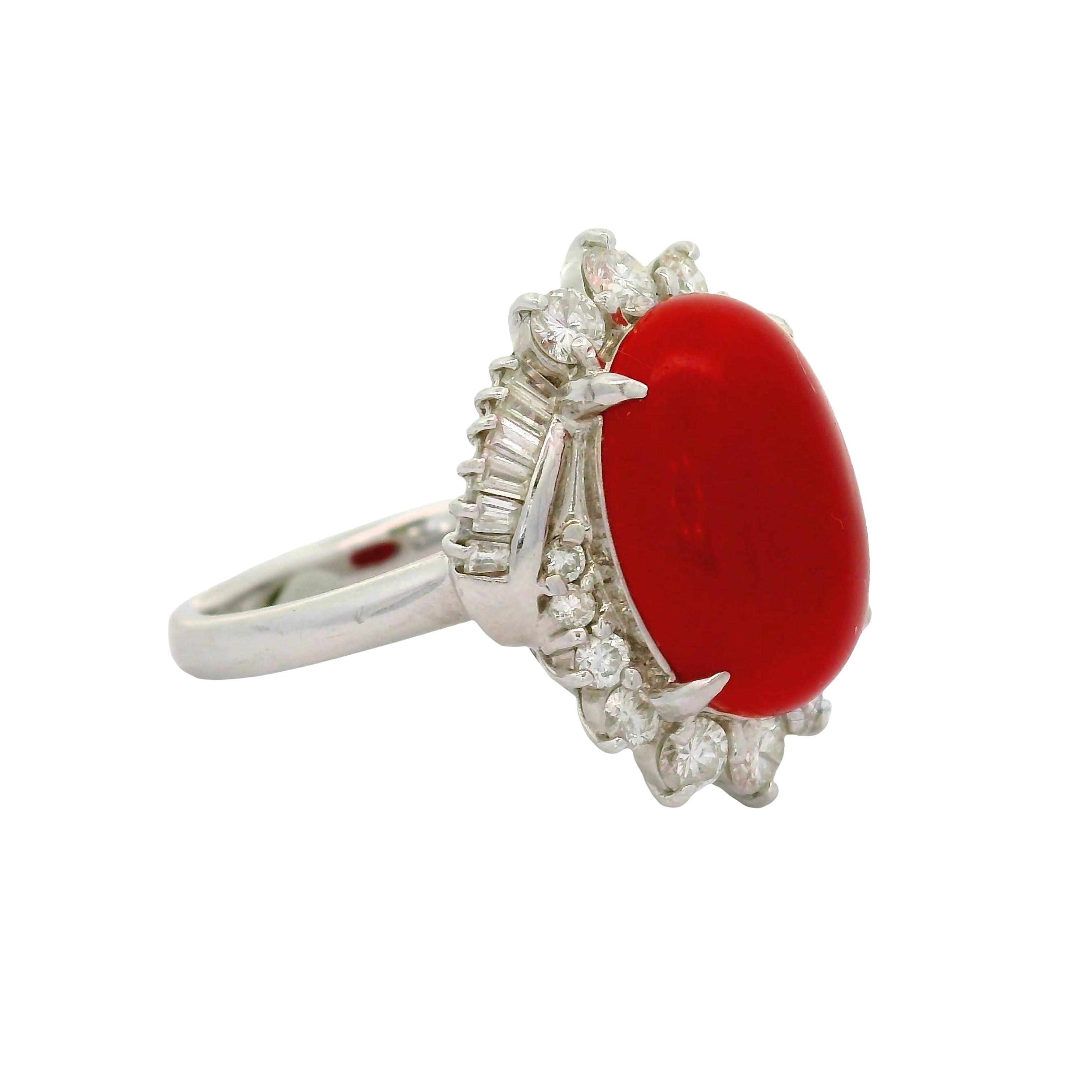 Ox Blood Red Coral Diamond Platinum Cocktail Ring