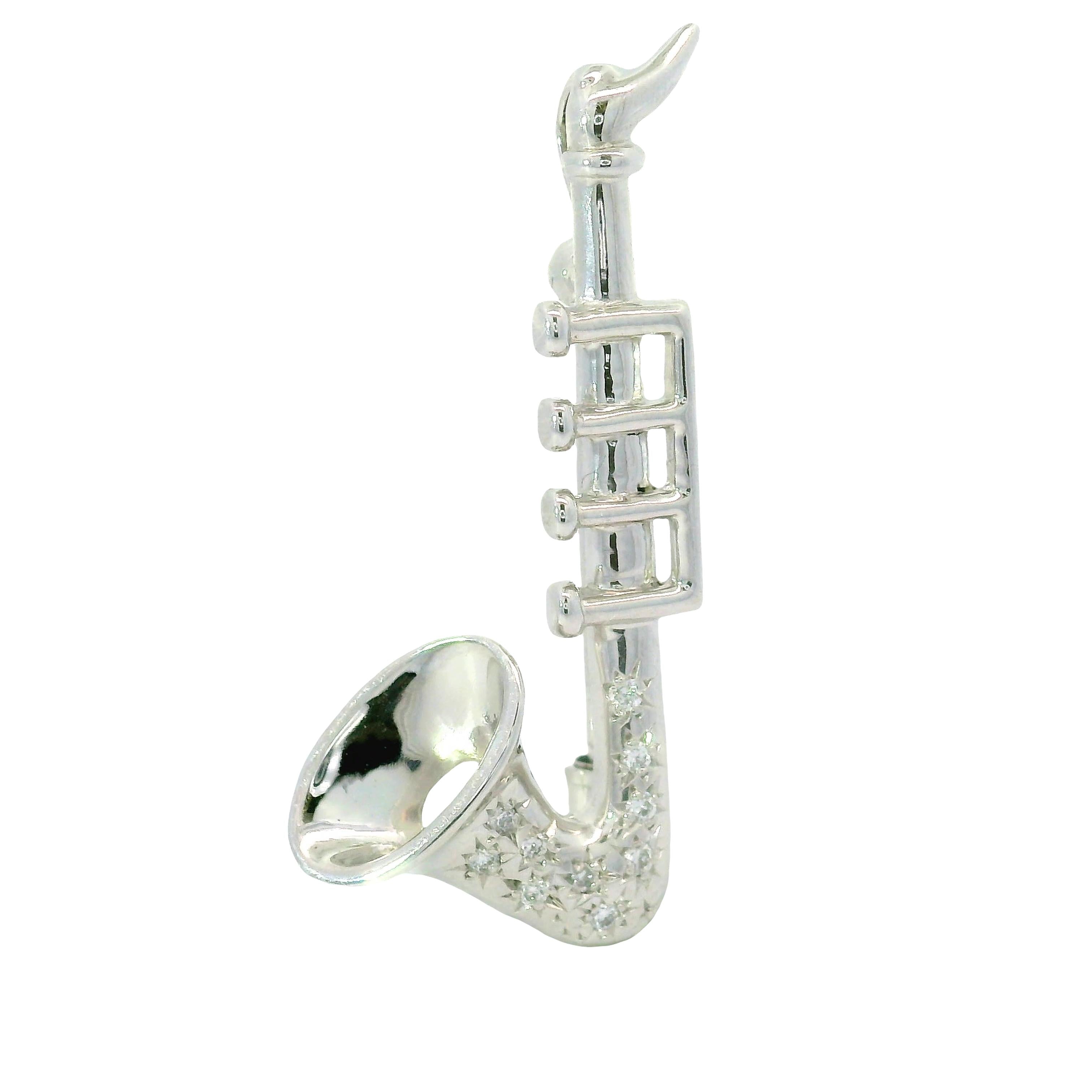 Diamond Platinum and 14K white Gold Saxophone Brooch Pendant