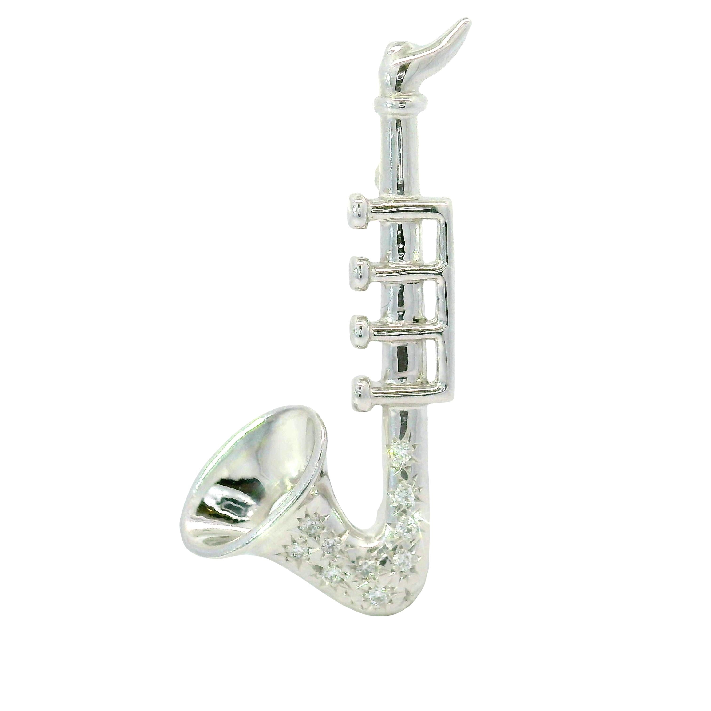 Diamond Platinum and 14K white Gold Saxophone Brooch Pendant