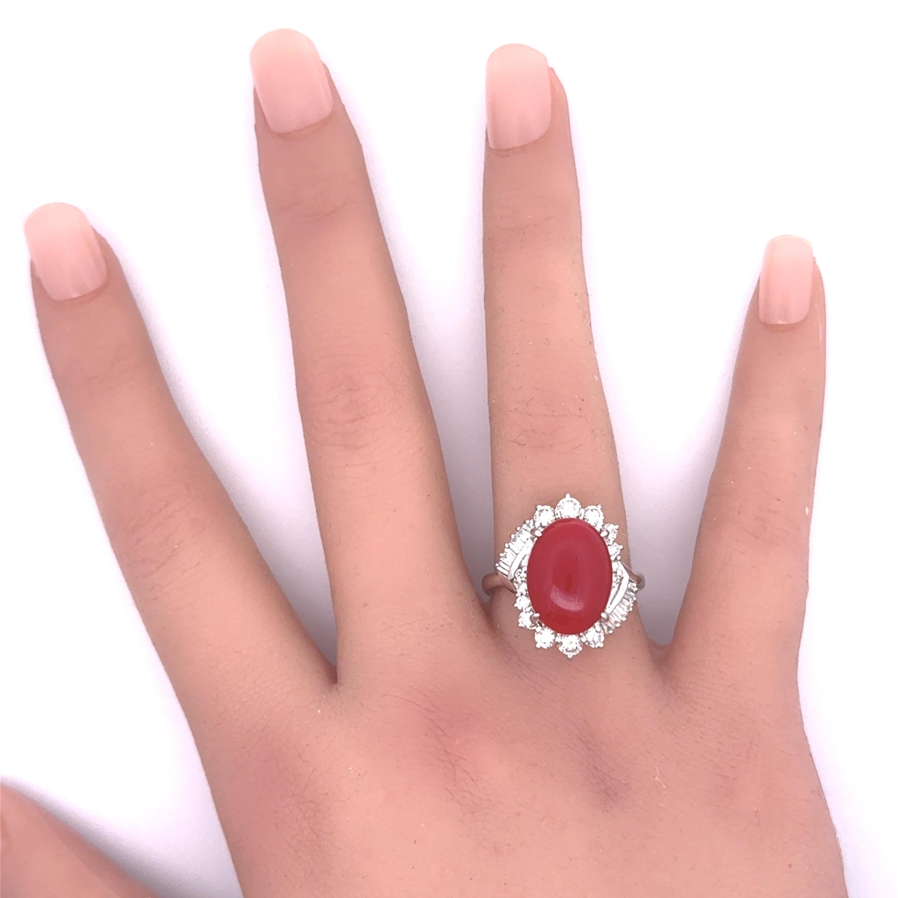 Ox Blood Red Coral Diamond Platinum Cocktail Ring