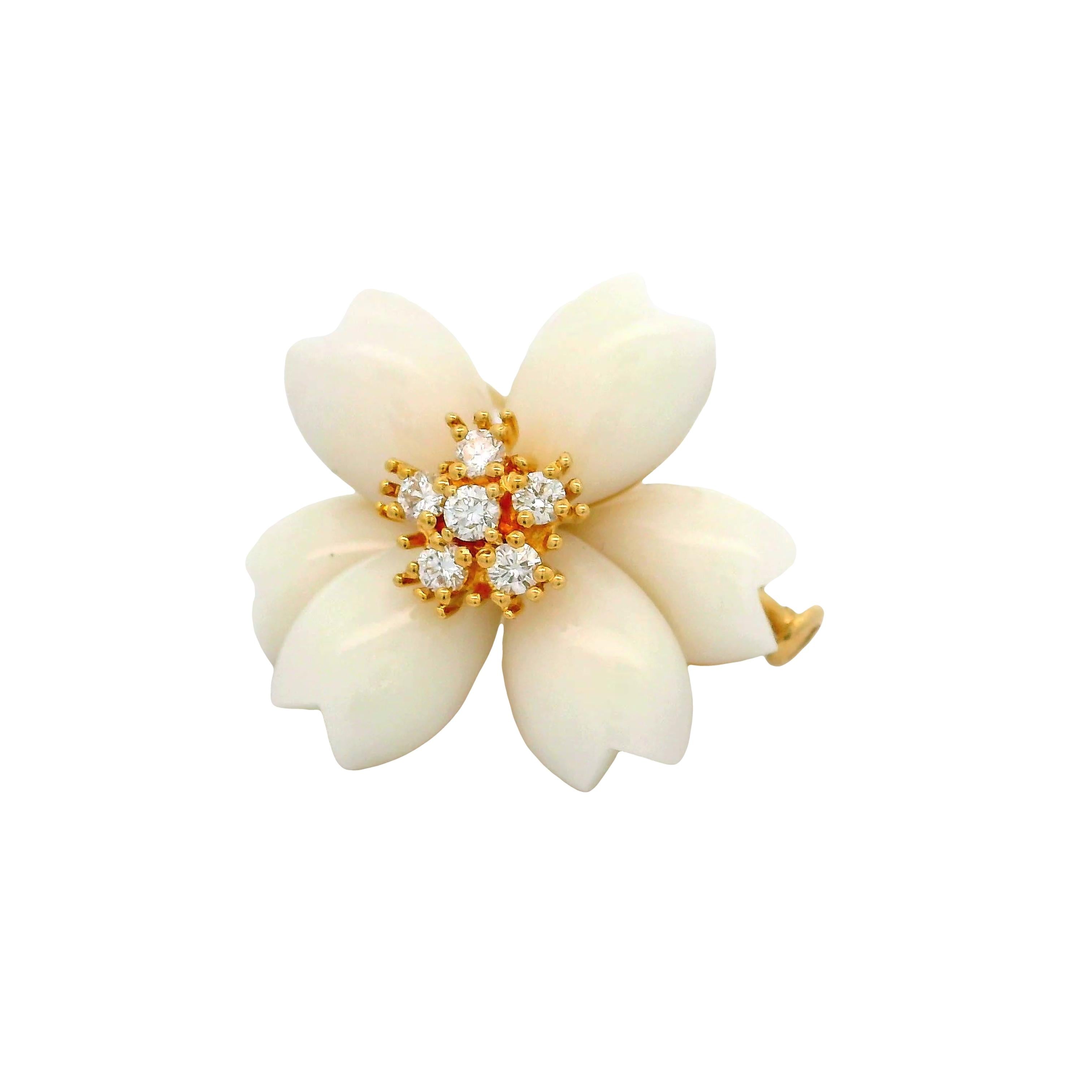 White Onyx Diamond 18K Yellow Gold Flower Brooch