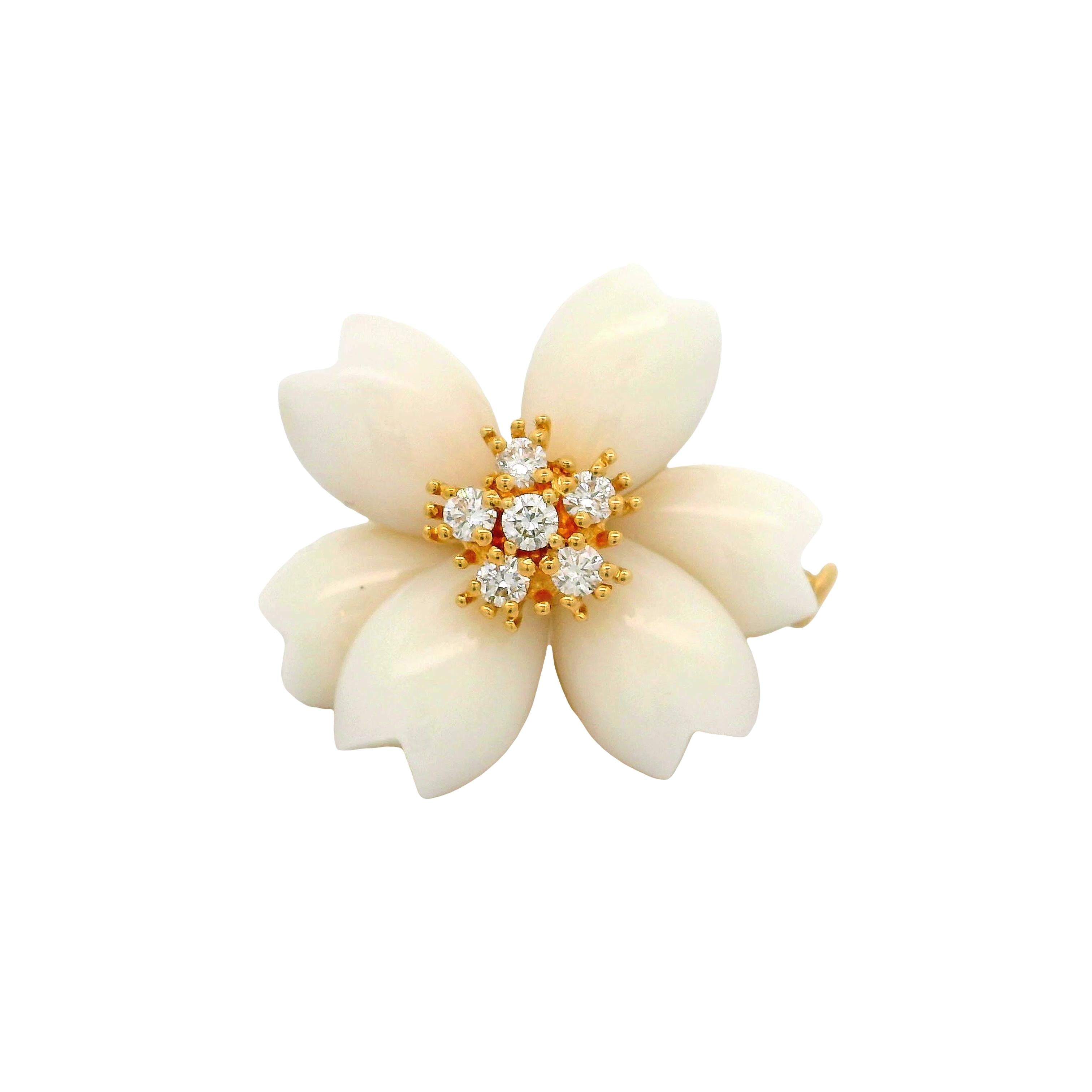 White Onyx Diamond 18K Yellow Gold Flower Brooch