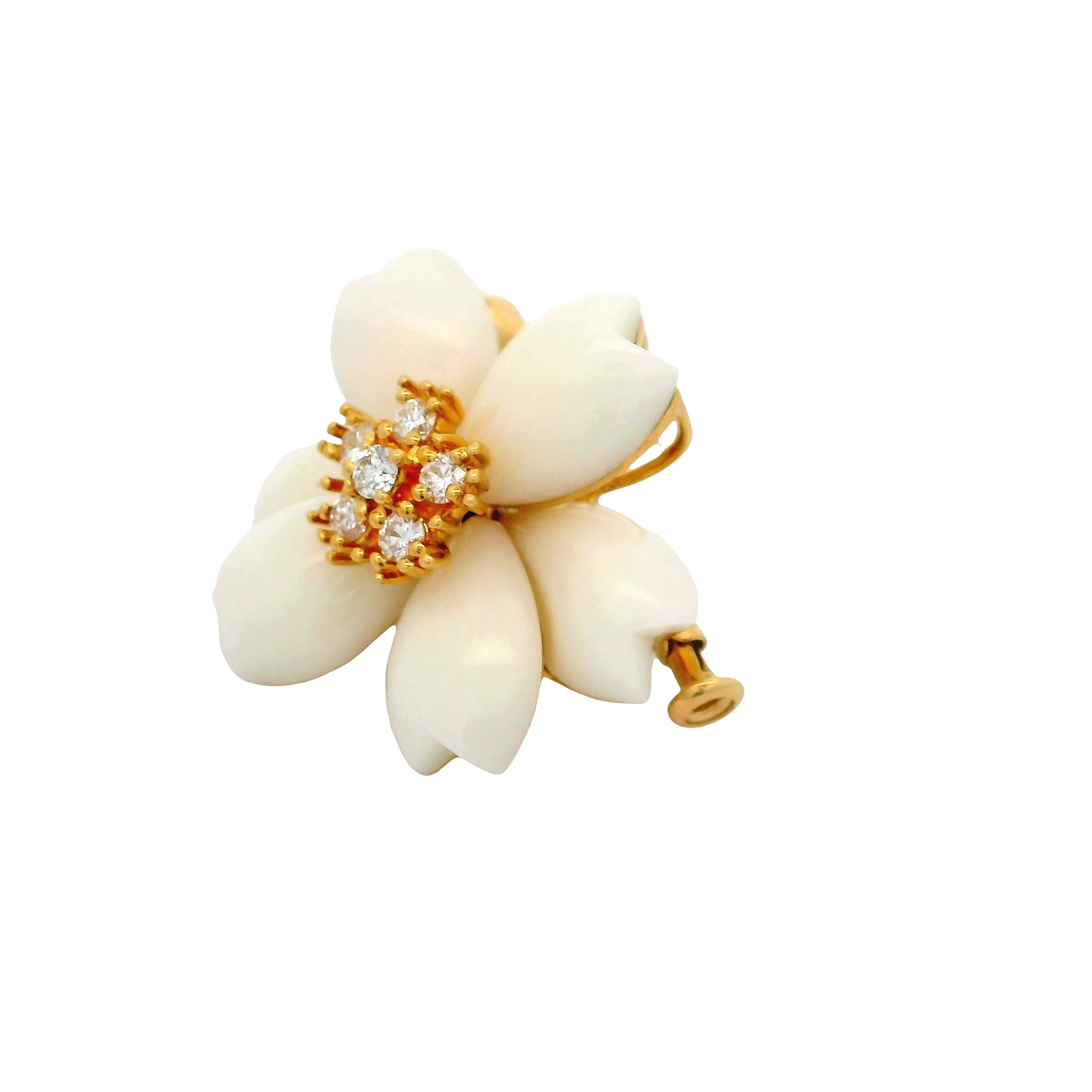 White Onyx Diamond 18K Yellow Gold Flower Brooch