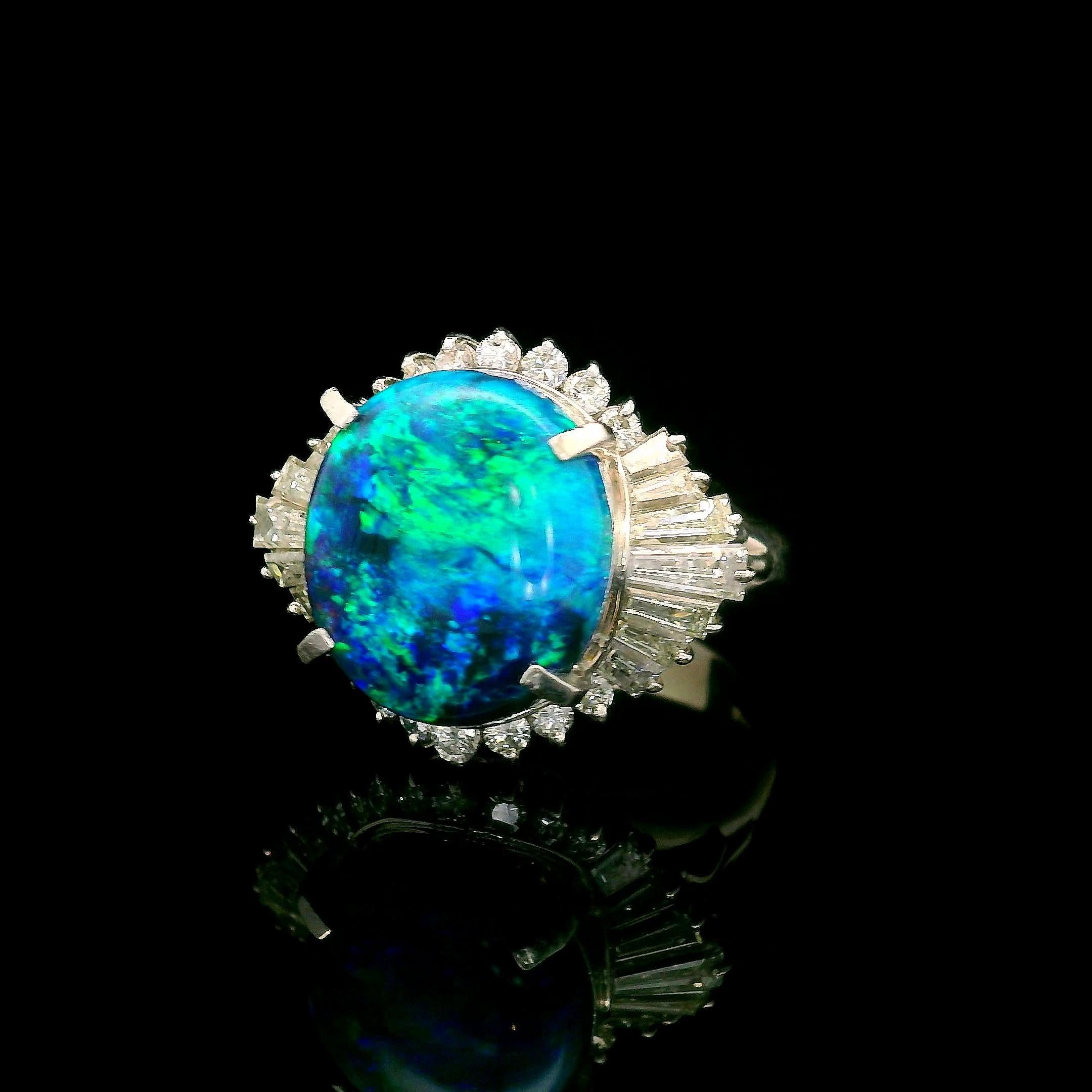 5.62 Carat Australian Black Opal Diamond Platinum Ballerina Ring