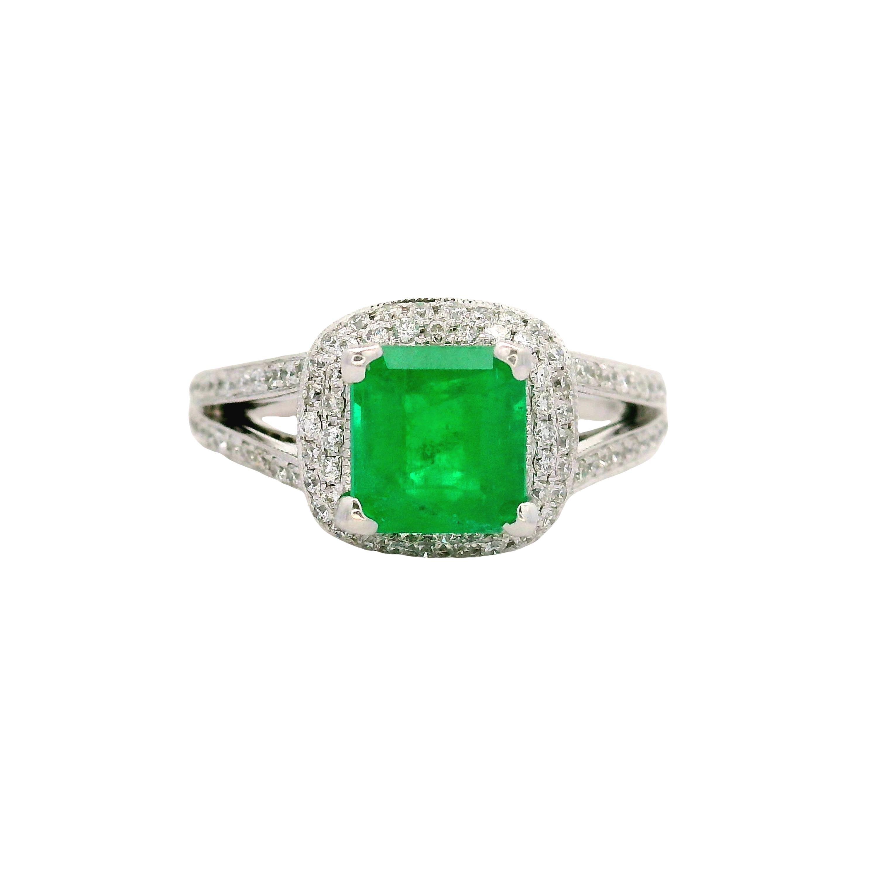 1.39 Colombian Emerald Diamond 14K White Gold Double-Halo Ring, GIA Certified