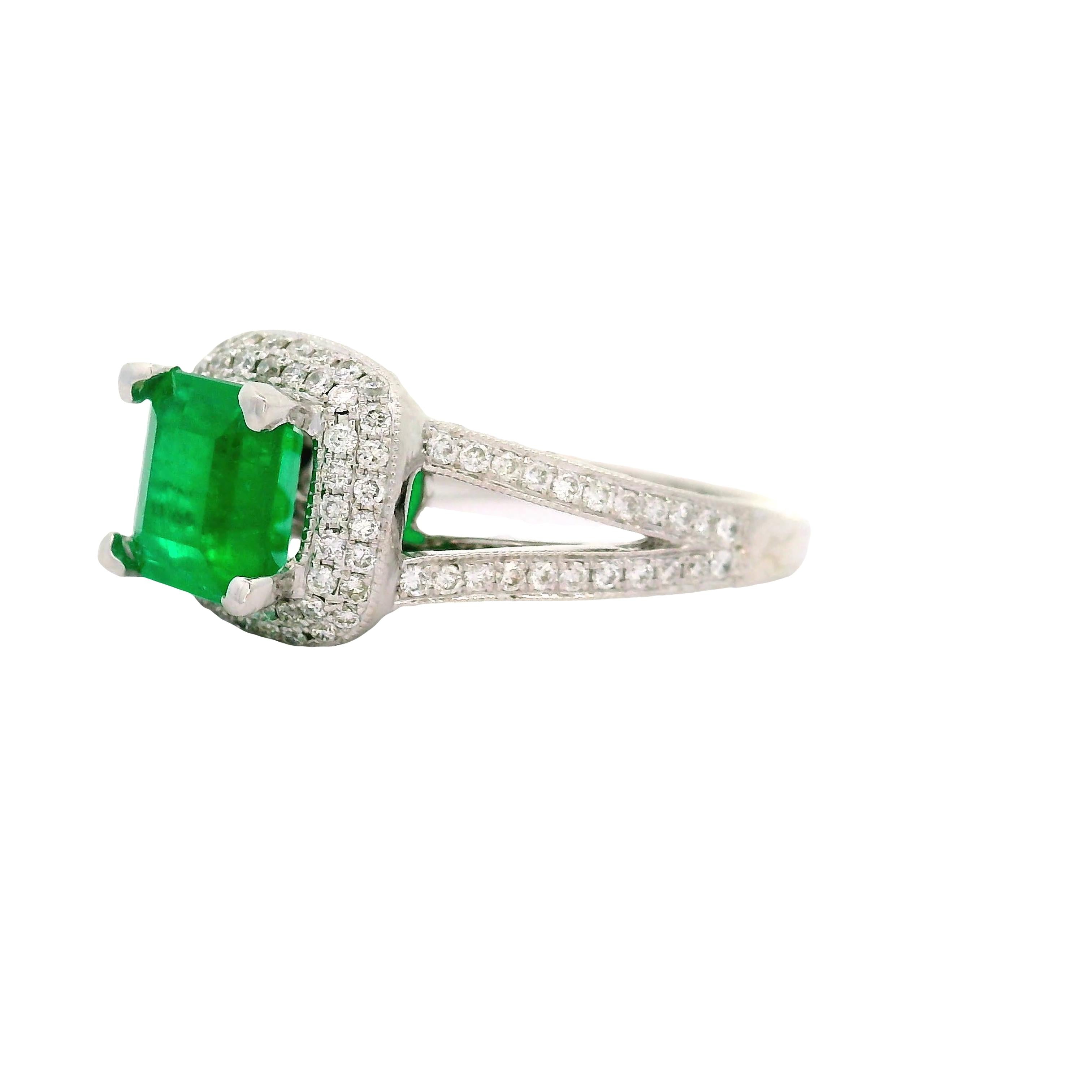 1.39 Colombian Emerald Diamond 14K White Gold Double-Halo Ring, GIA Certified