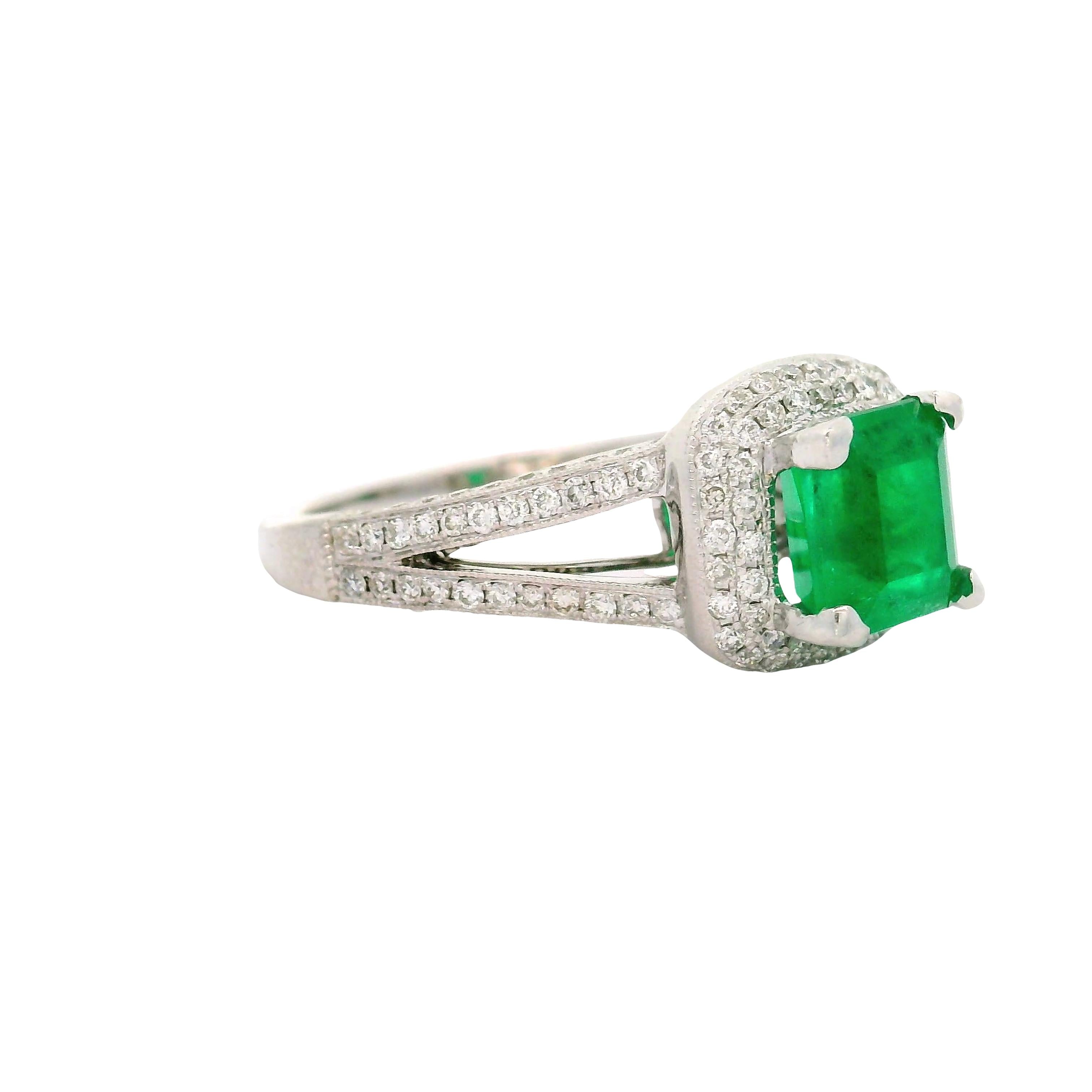 1.39 Colombian Emerald Diamond 14K White Gold Double-Halo Ring, GIA Certified