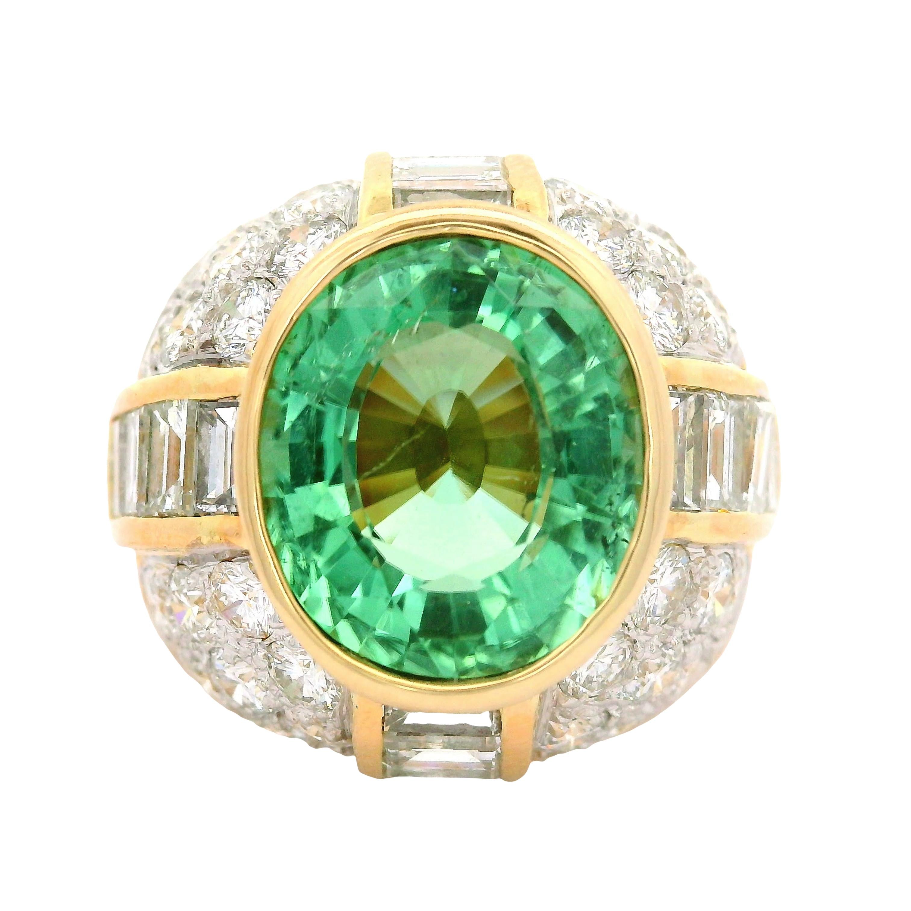 5.99 Carat Neon-Green Paraiba Tourmaline Diamond 18K Yellow Gold Ring, AIGS Cert