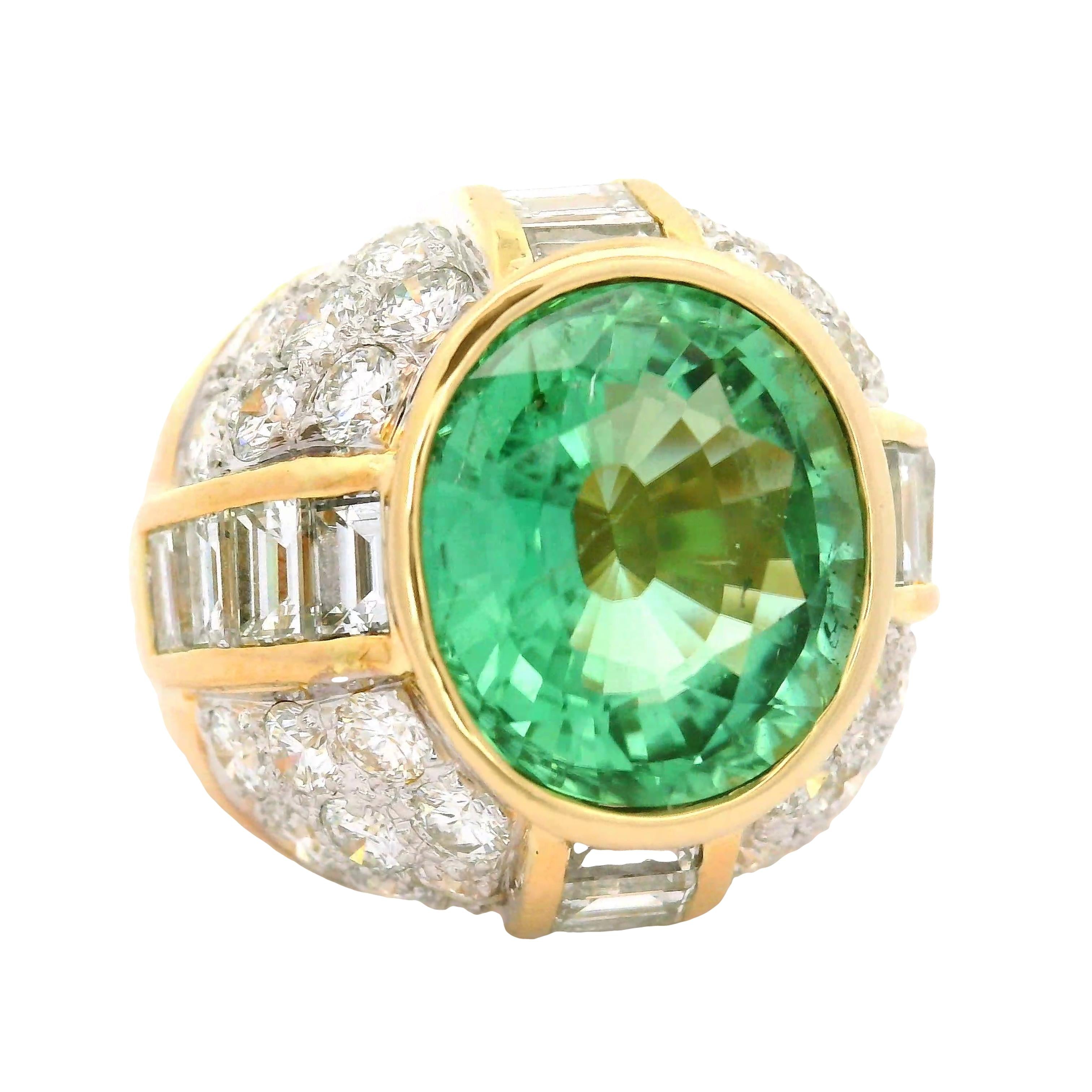 5.99 Carat Neon-Green Paraiba Tourmaline Diamond 18K Yellow Gold Ring, AIGS Cert