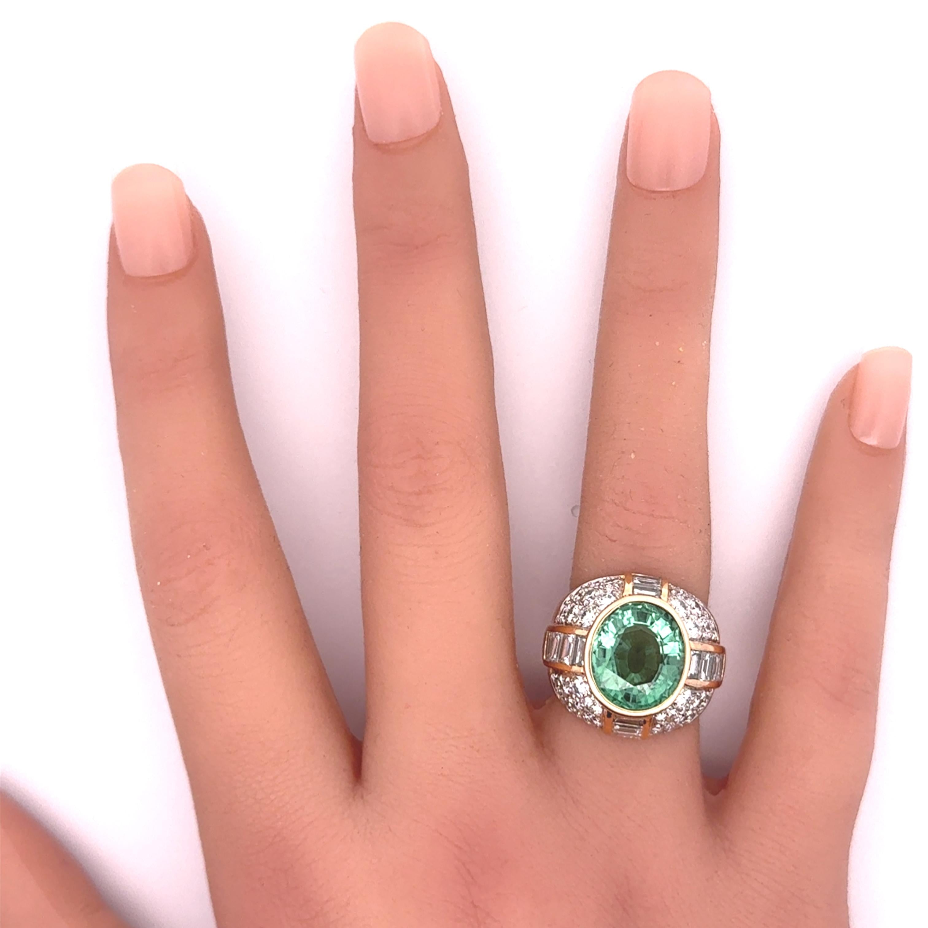 5.99 Carat Neon-Green Paraiba Tourmaline Diamond 18K Yellow Gold Ring, AIGS Cert