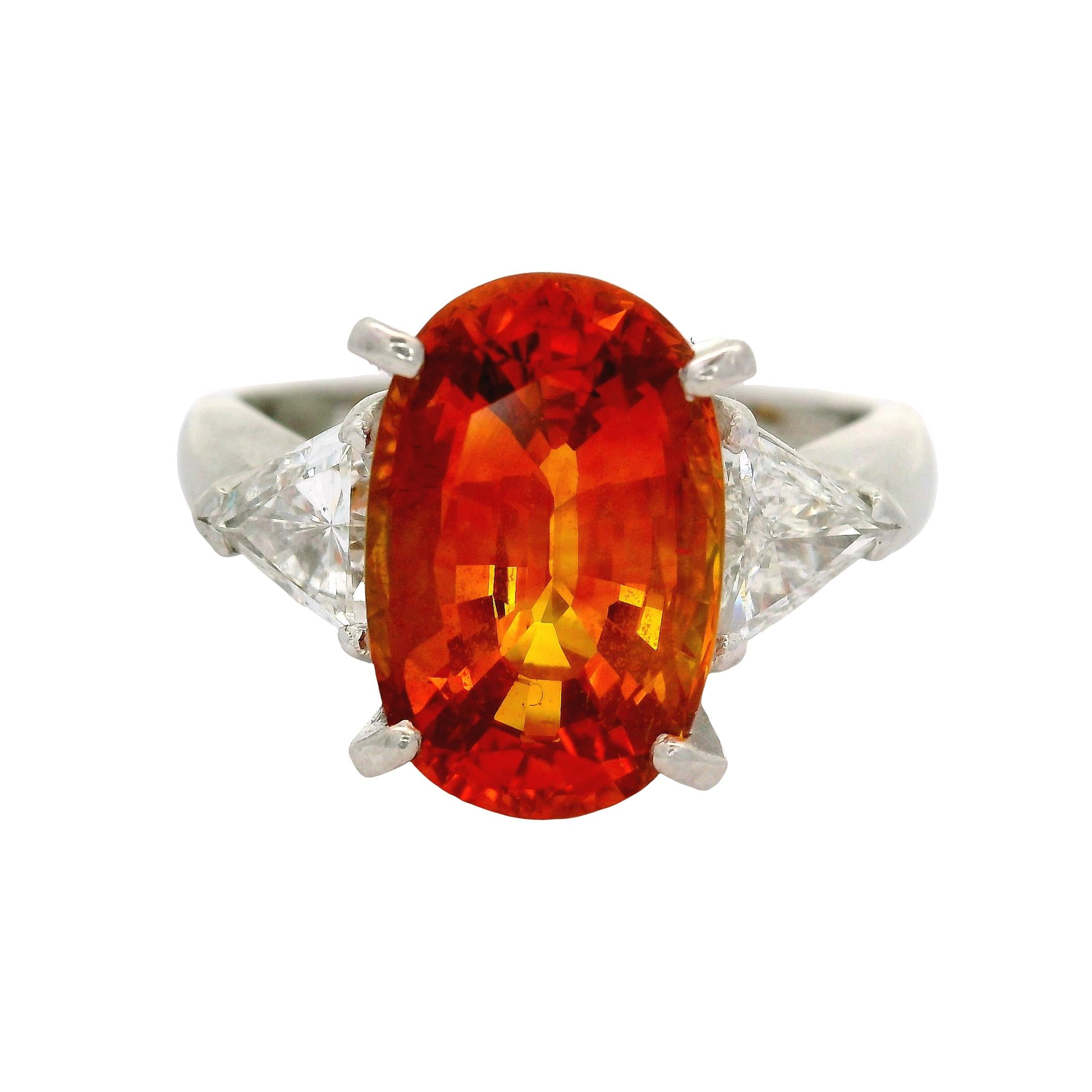 5.91 Carat Orange Sapphire Diamond Platinum Three-Stone Ring, GIA Certified