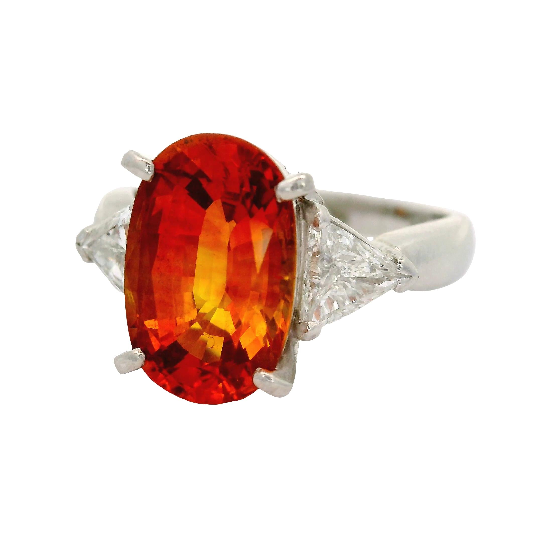 5.91 Carat Orange Sapphire Diamond Platinum Three-Stone Ring, GIA Certified