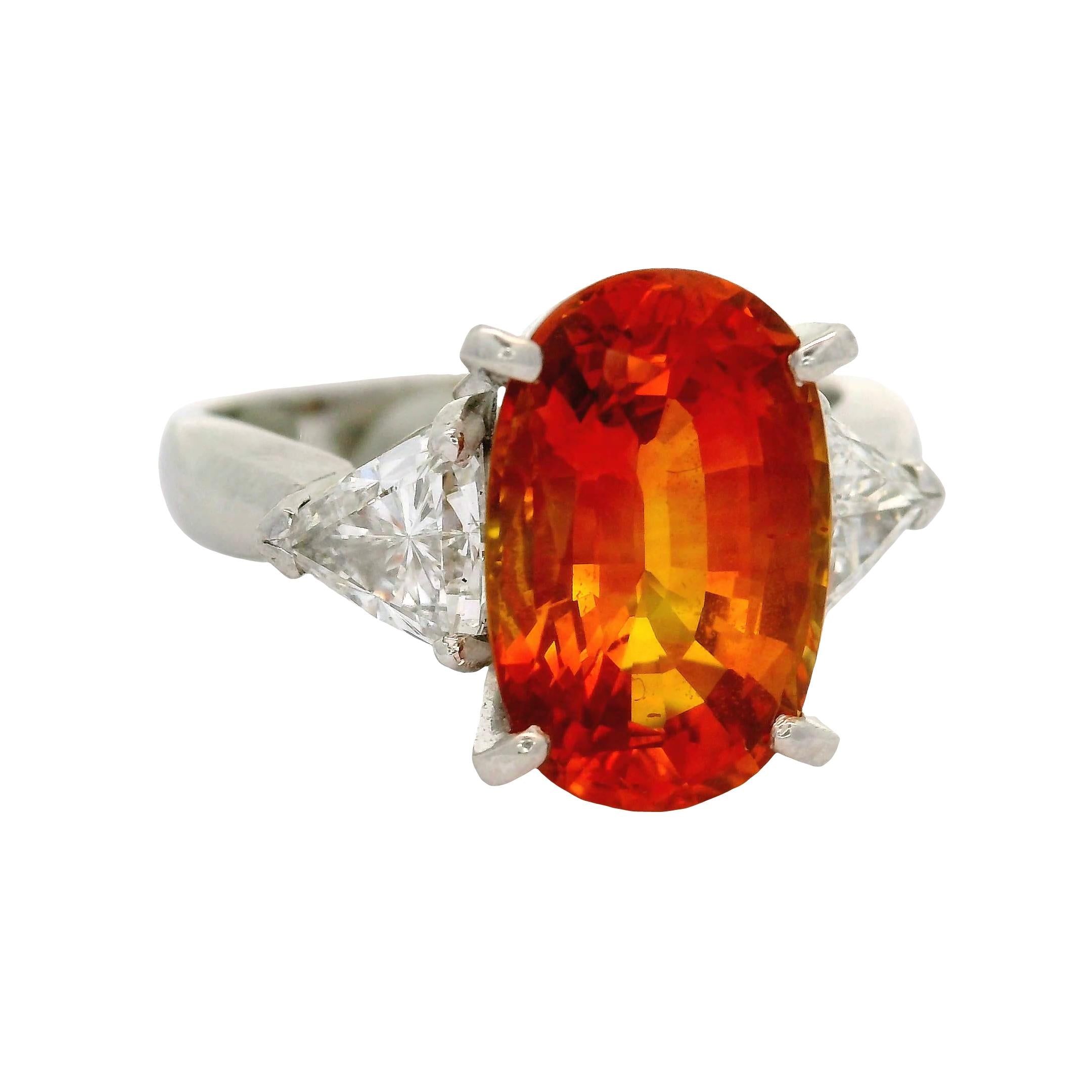 5.91 Carat Orange Sapphire Diamond Platinum Three-Stone Ring, GIA Certified