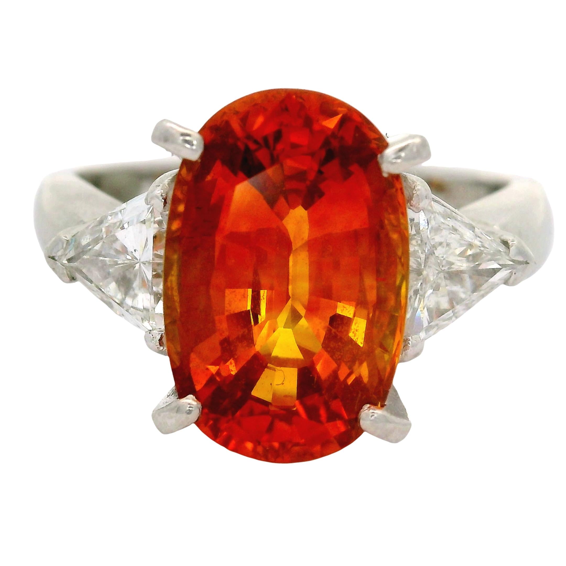 5.91 Carat Orange Sapphire Diamond Platinum Three-Stone Ring, GIA Certified