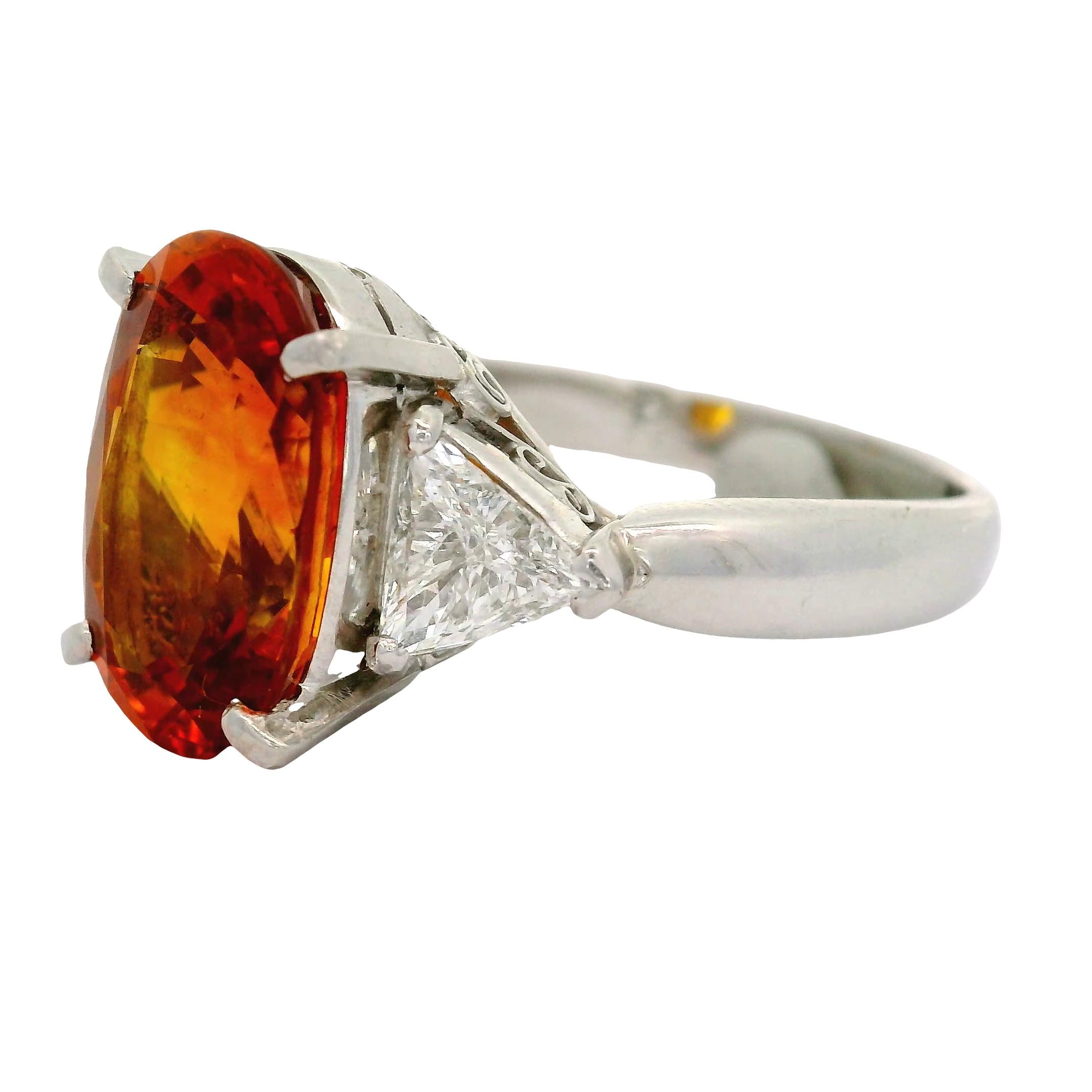 5.91 Carat Orange Sapphire Diamond Platinum Three-Stone Ring, GIA Certified