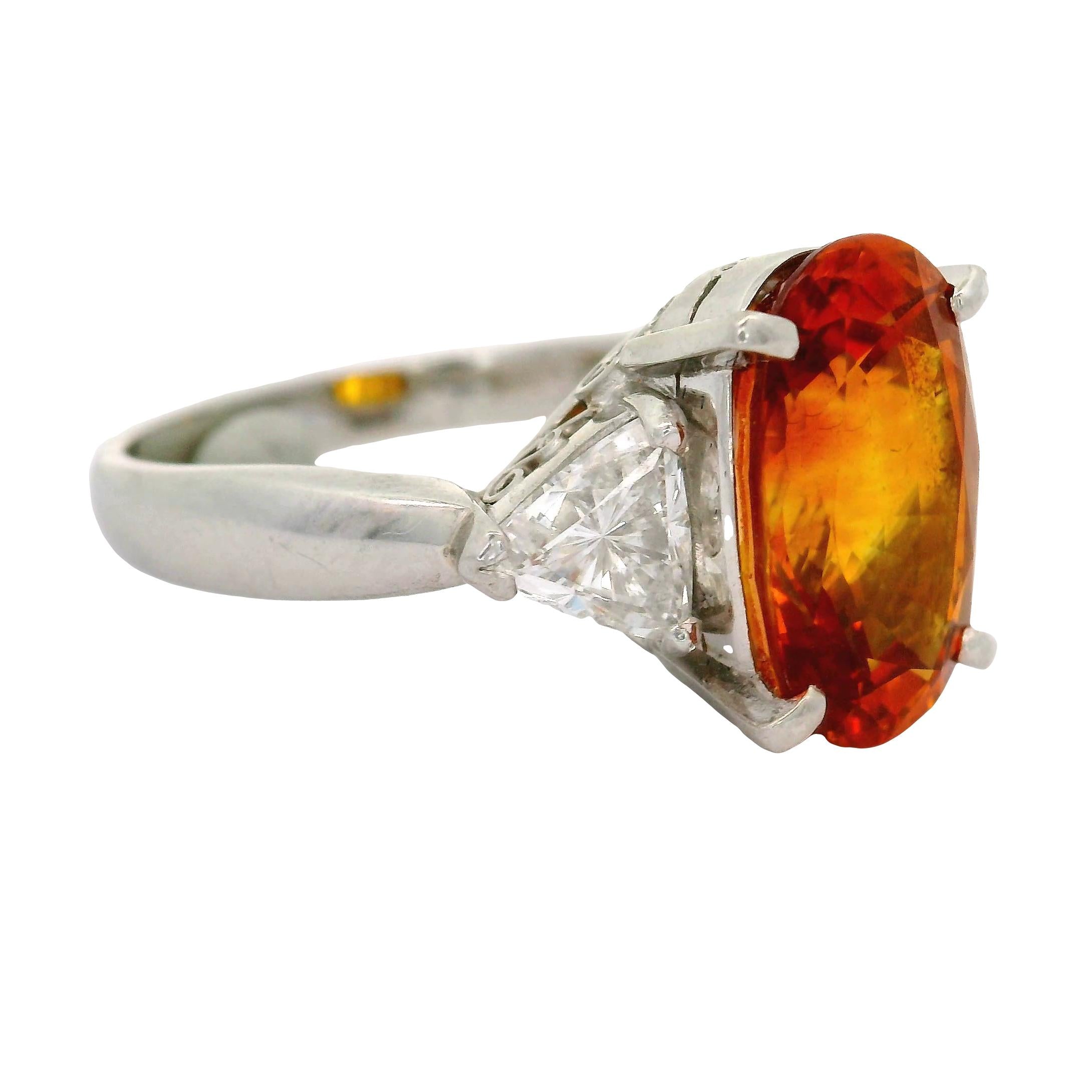 5.91 Carat Orange Sapphire Diamond Platinum Three-Stone Ring, GIA Certified
