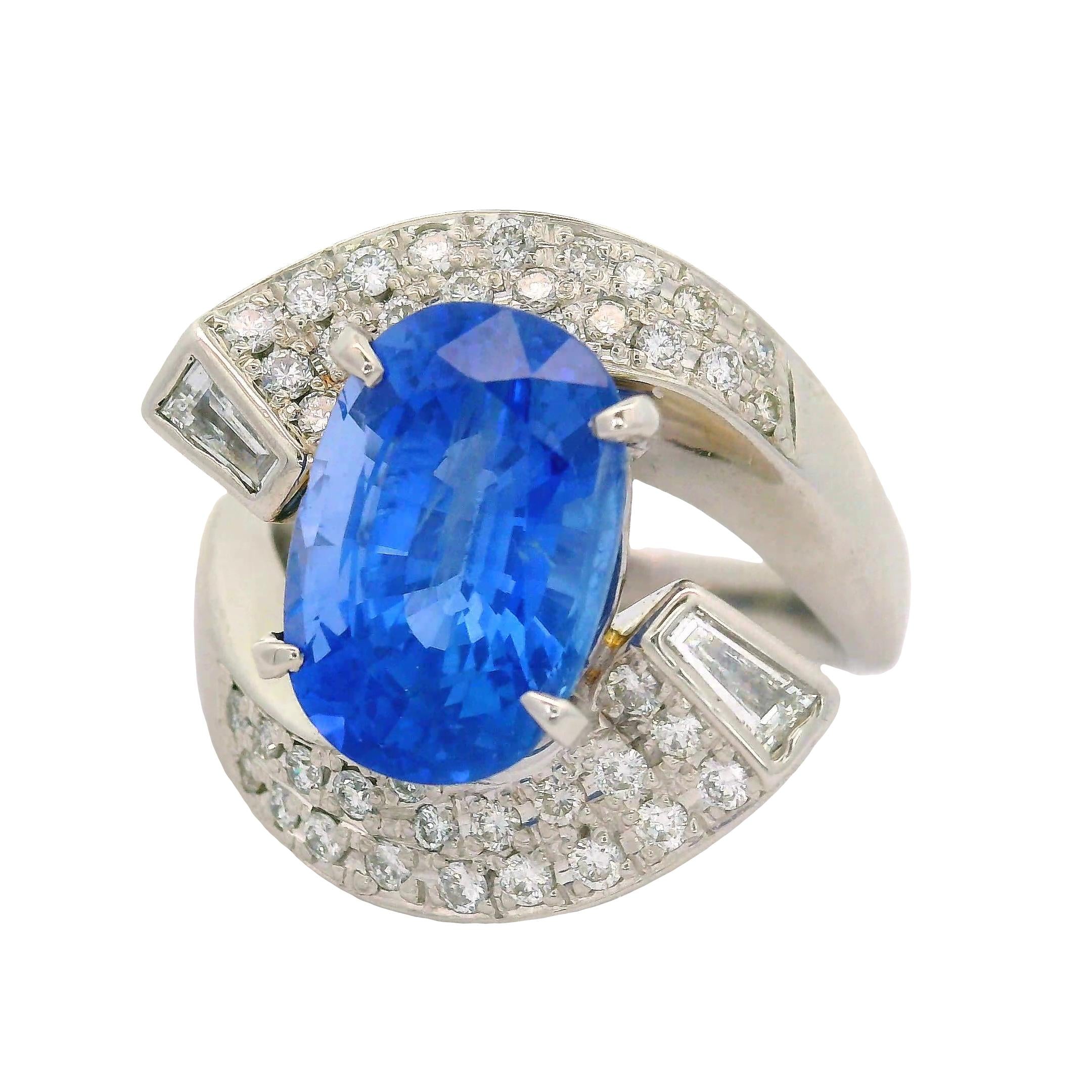 5.04 Carat Blue Ceylon Sapphire Diamond Platinum Bypass Ring, GIA Certified