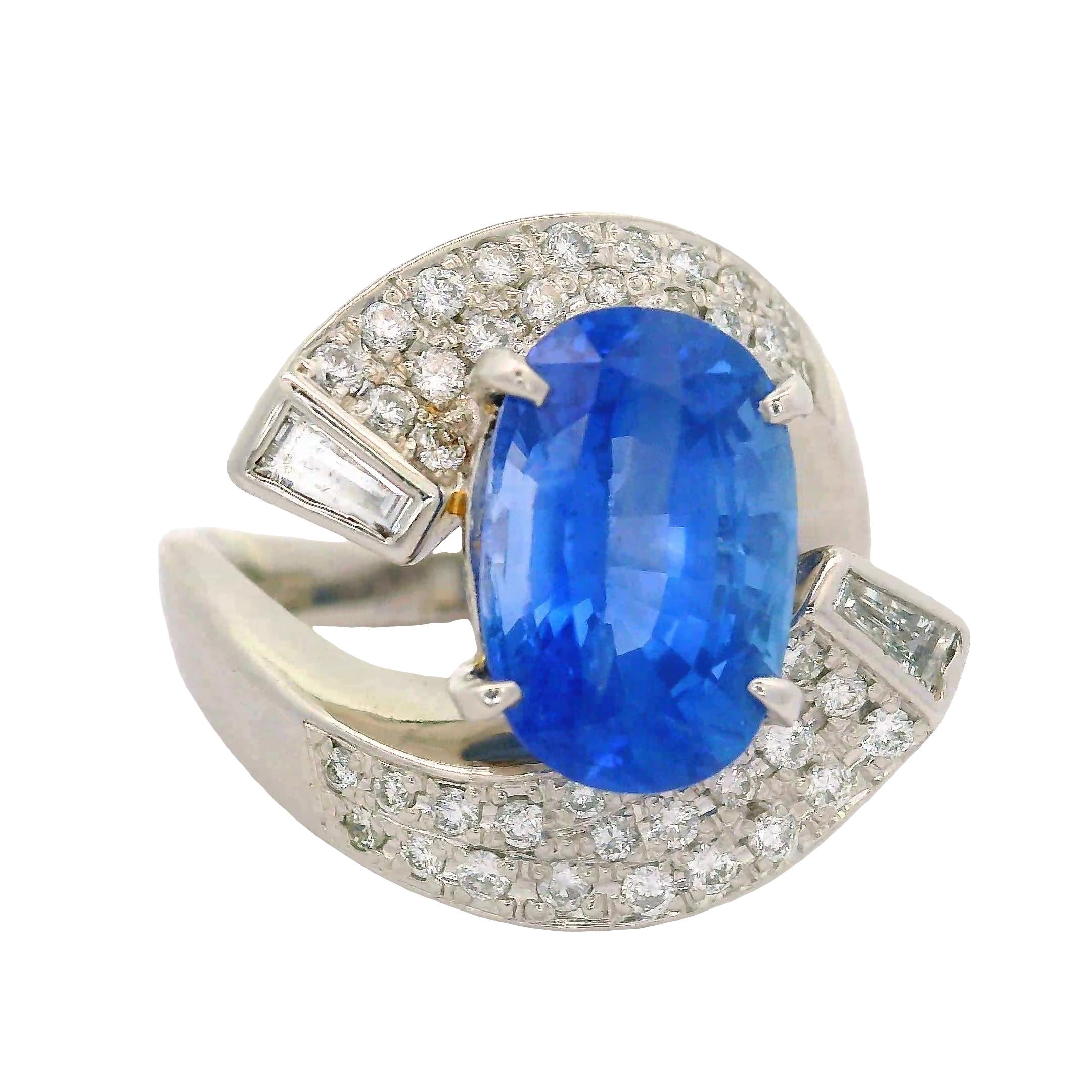 5.04 Carat Blue Ceylon Sapphire Diamond Platinum Bypass Ring, GIA Certified