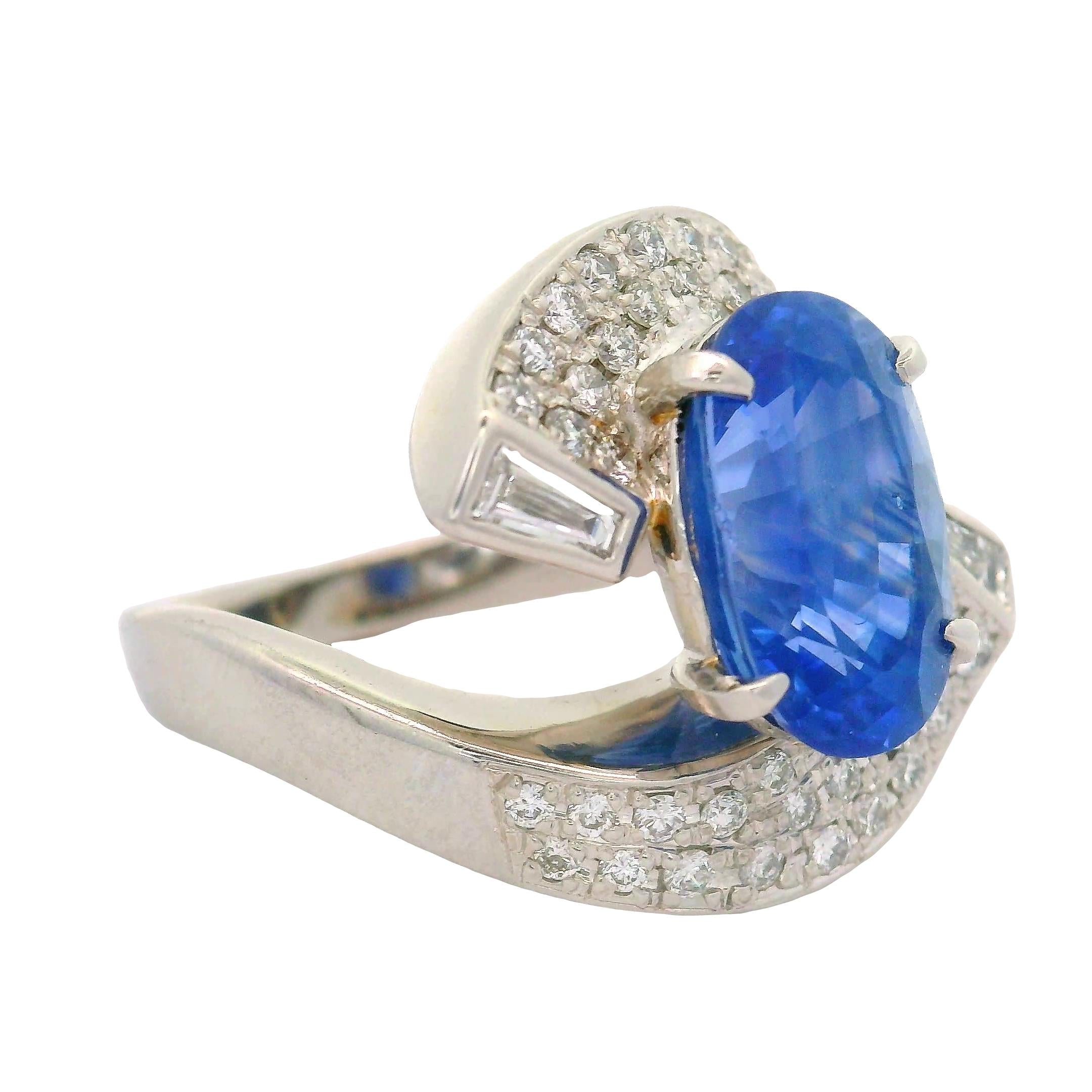 5.04 Carat Blue Ceylon Sapphire Diamond Platinum Bypass Ring, GIA Certified