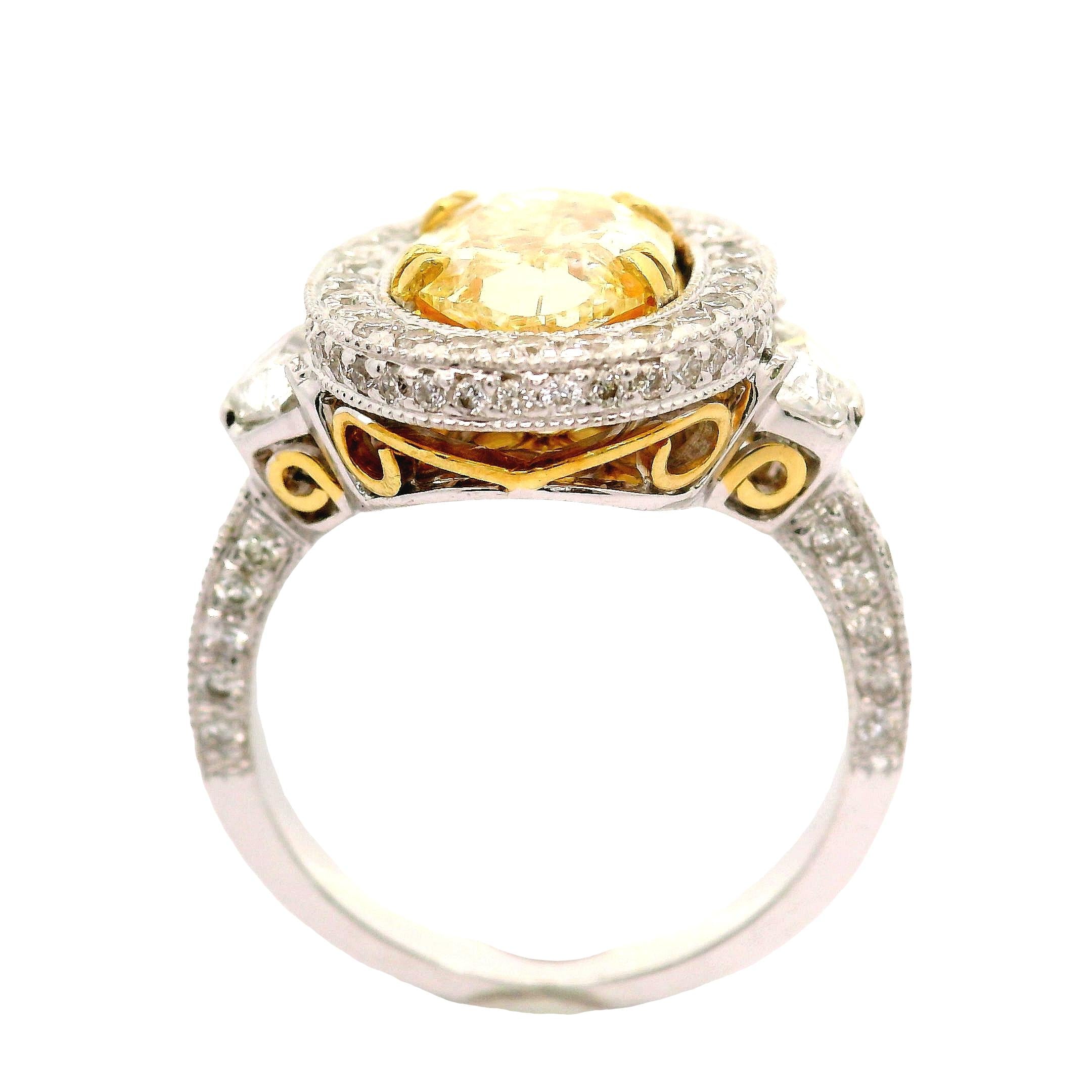 2.13 Carat Fancy-Yellow Diamond 18K Two-Tone Gold Antique Style Ring