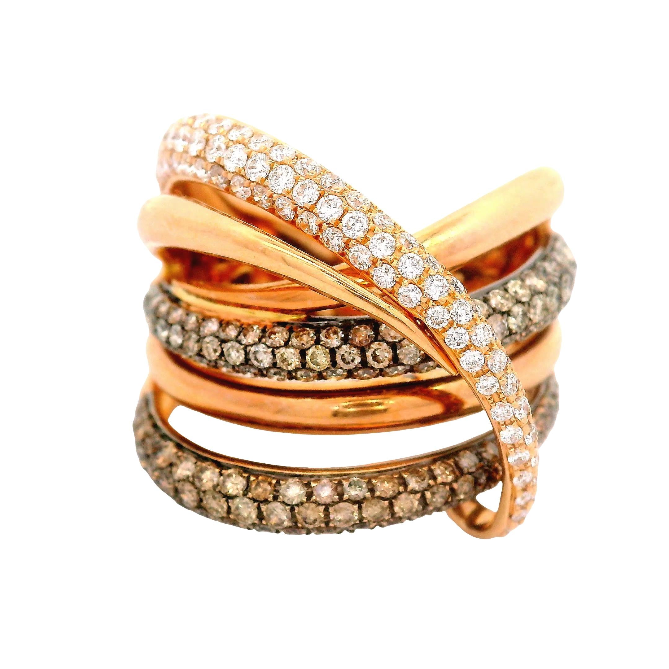 White & Cognac Diamond 18K Rose Gold Bypass Crossover Ring