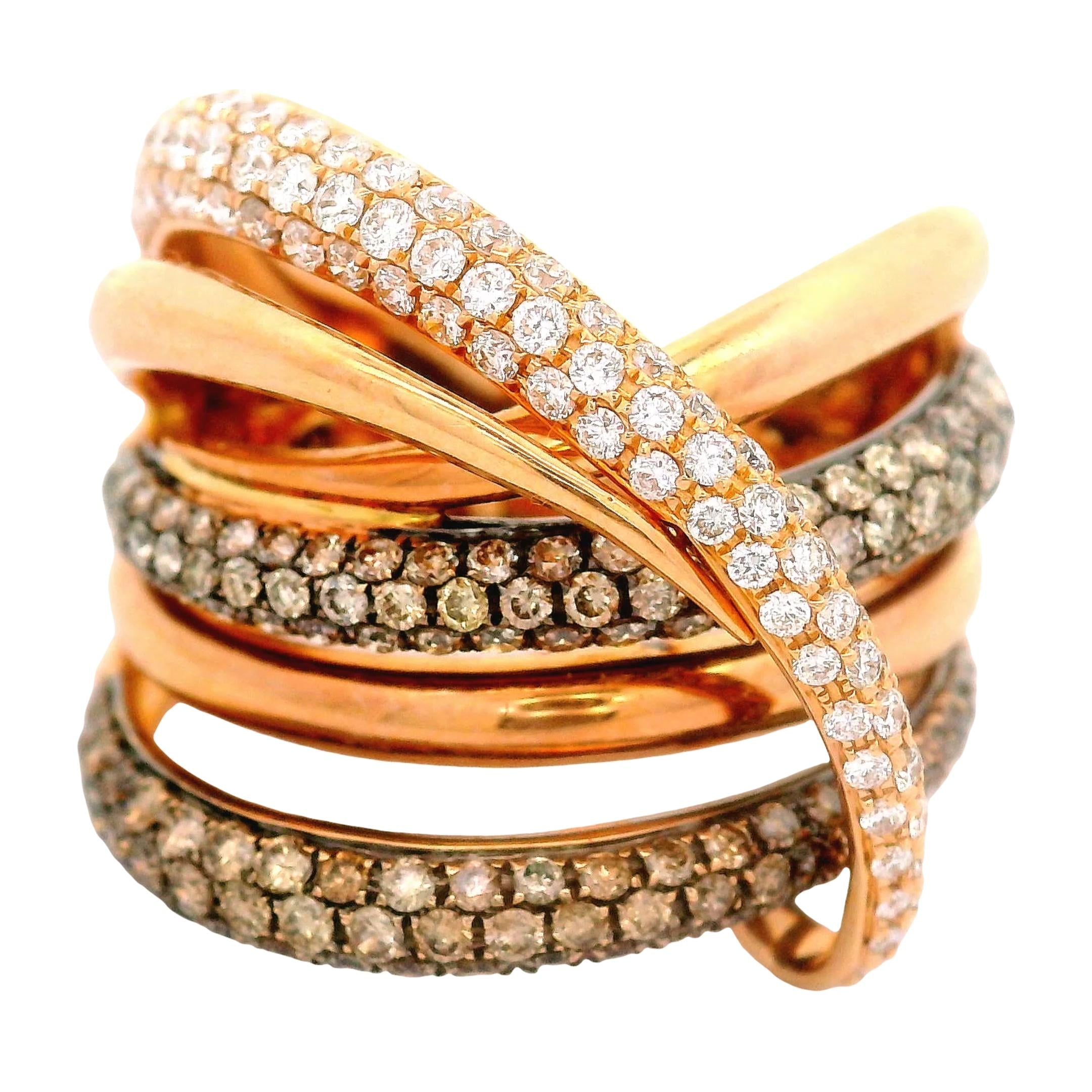 White & Cognac Diamond 18K Rose Gold Bypass Crossover Ring