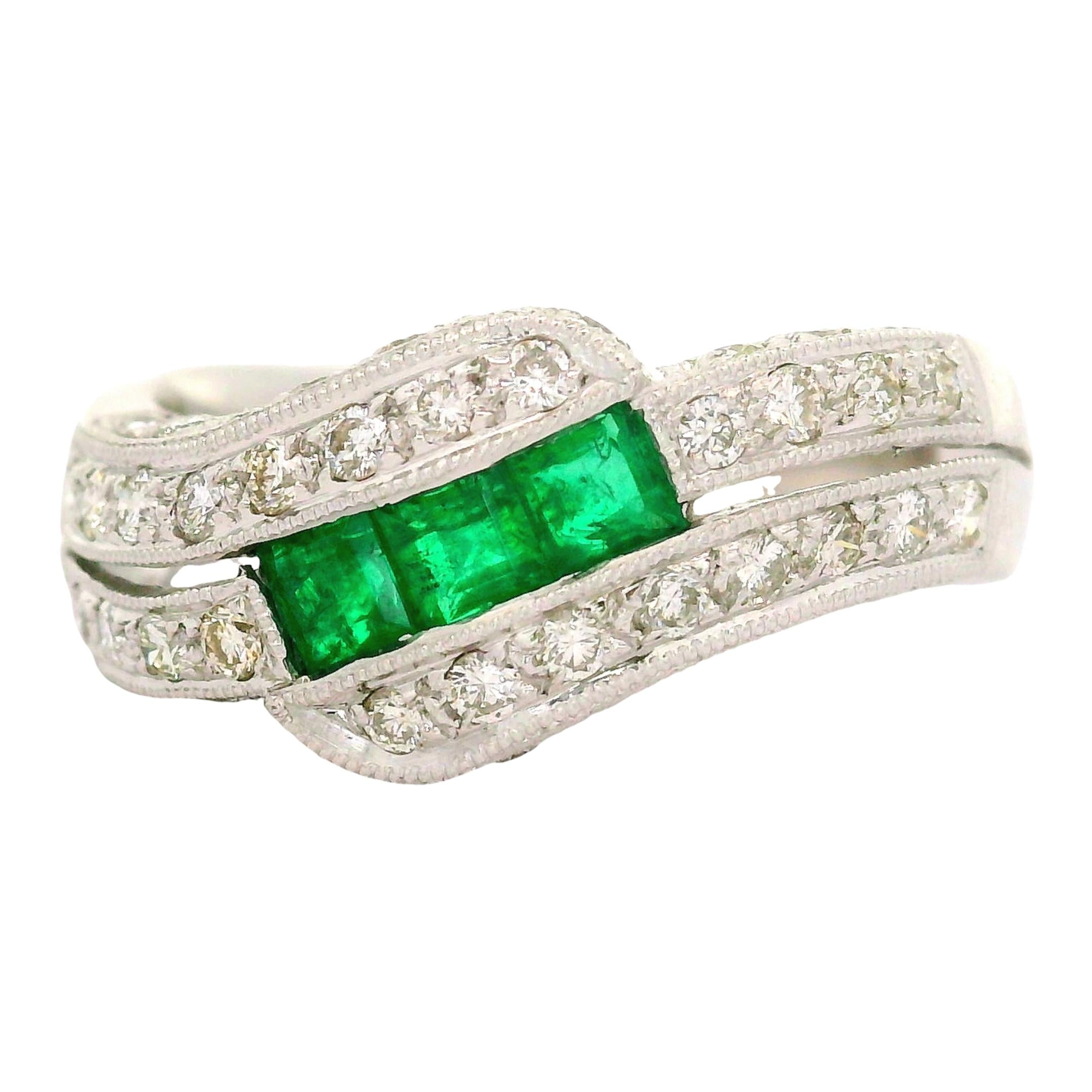 Emerald Diamond Platinum Bypass Antique-Style Ring