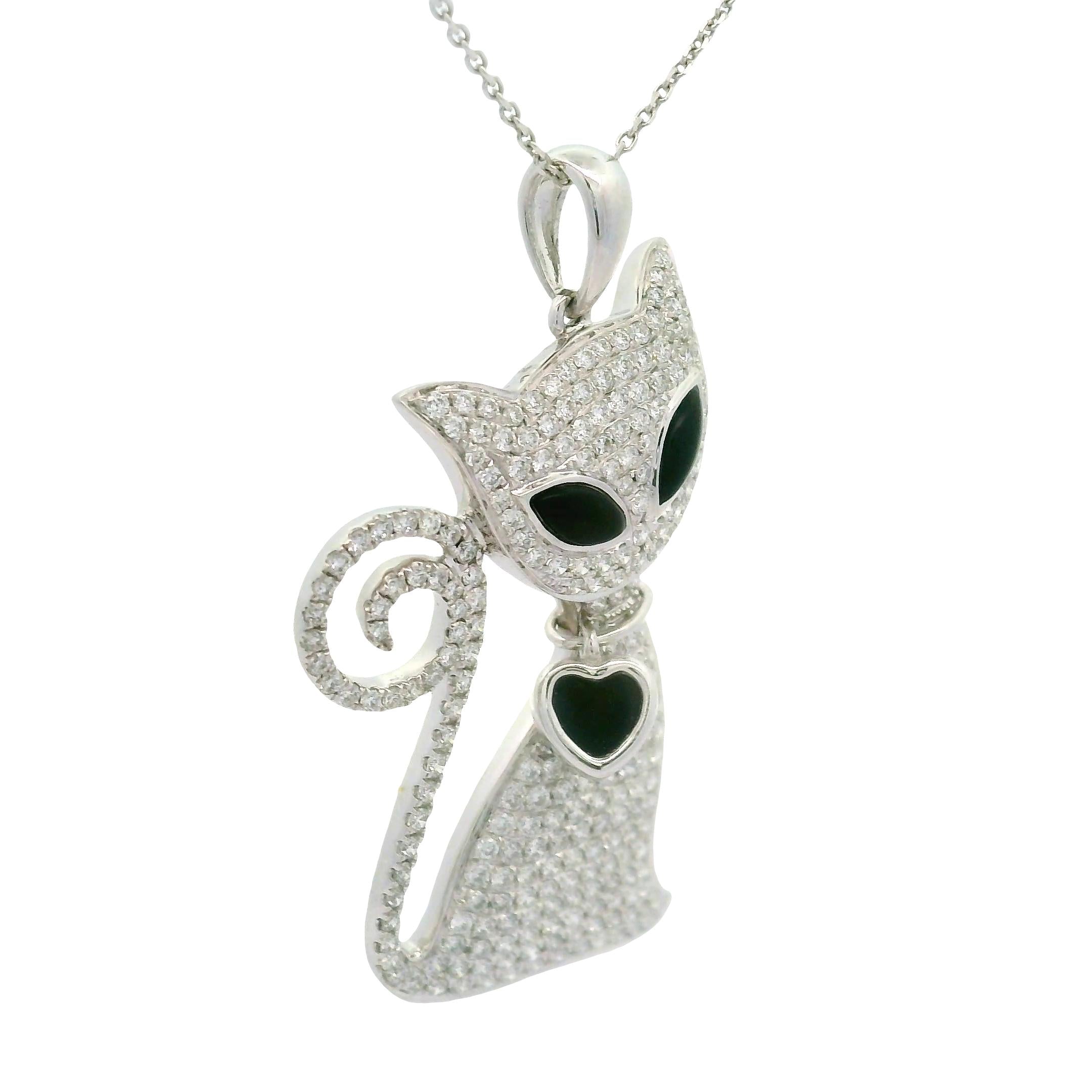 Diamond Onyx Enamel 18K White Gold Cat Heart Pendant Chain