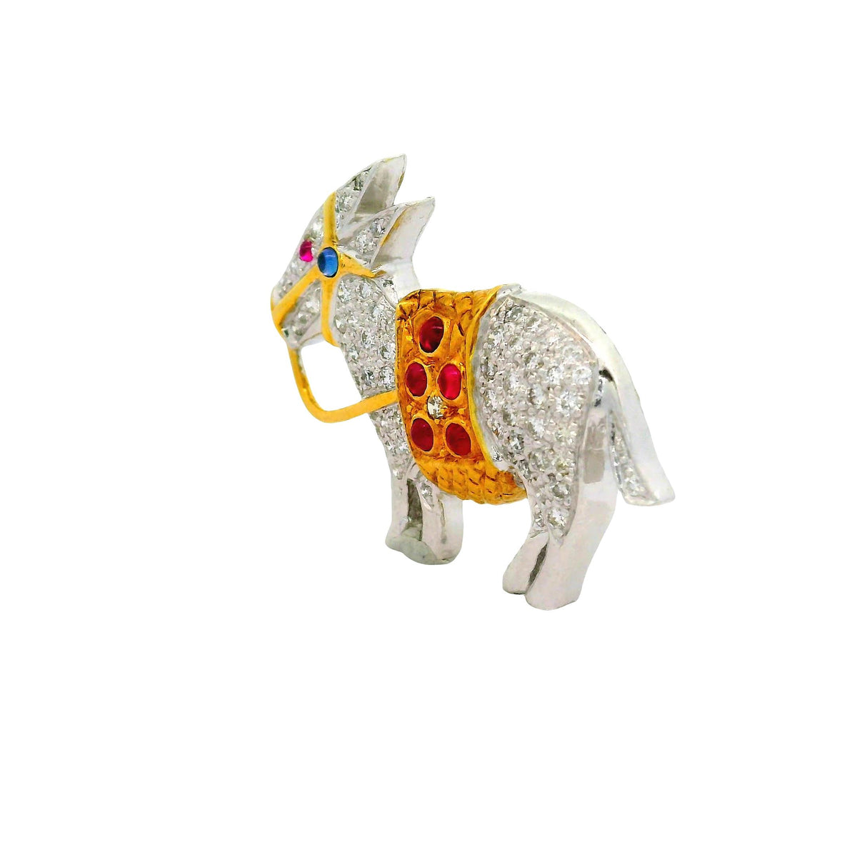 Diamond Ruby Blue Sapphire 18K Two-Tone Gold Donkey Pin Brooch